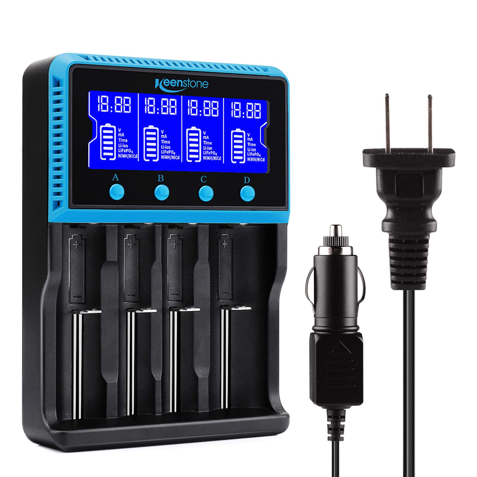 Keenstone 18650 Battery Charger, Smart Universal Charger LCD Display for Rechargeable Batteries Ni-MH Ni-Cd AA AAA Li-ion LiFePO4 IMR 10440 14500 16340 RCR123A 26650