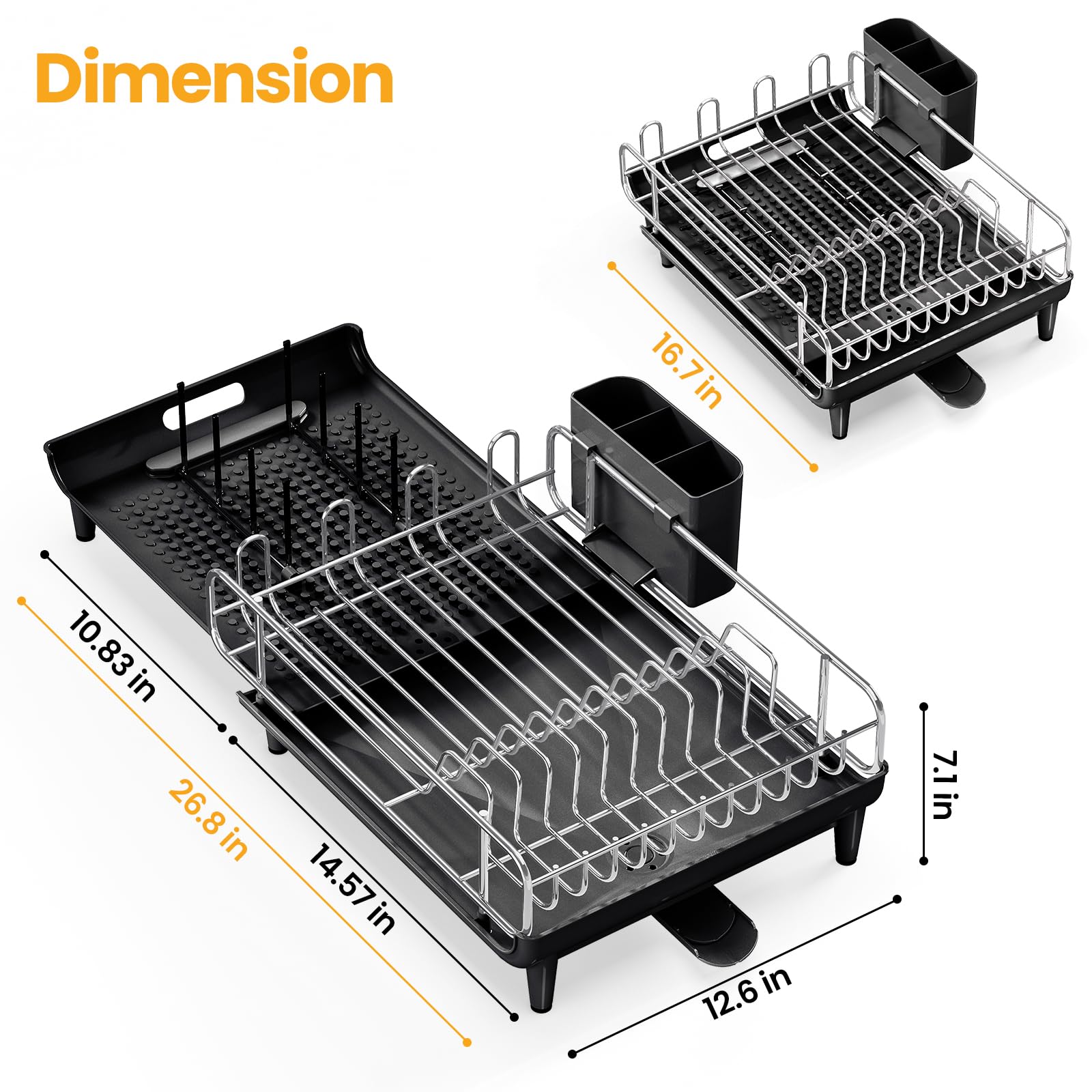 TOOLF Expandable Dish Rack, Dish Drying Rack for Kitchen Counter, Foldable Dish Dryer Rack, Stainless Steel Dish Drainer Racks with Cutlery Holder, Collapsible Dish Drying Racks Large Size,Black