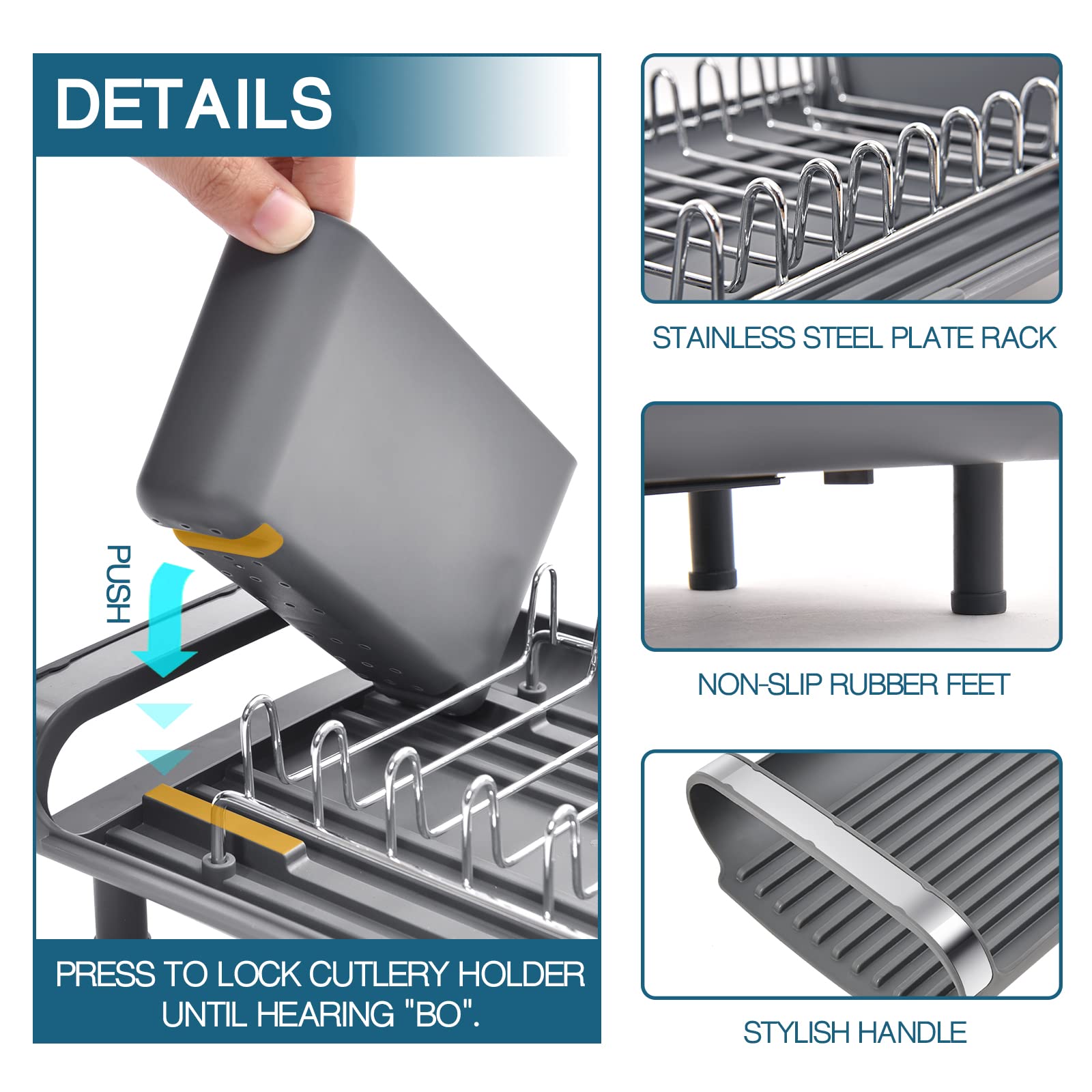 TOOLF Expandable Dish Rack, Compact Dish Drainer, Stainless Steel Dish Drying Rack with Removable Cutlery Holder, Anti Rust Plate Rack, Small Sink Drainer for Sink or Kitchen Countertop