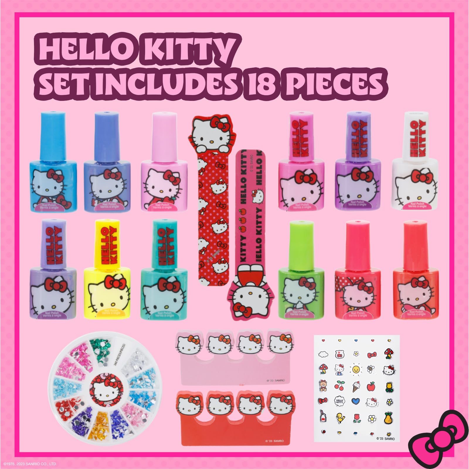 Hello Kitty Water-Based Nail Polish Set, Peel-Off Set with Glittery & Opaque Colors and Nail Accessories for Girls Kids, Perfect for Dress Up, Parties & Makeovers Ages 3+ by Townley Girl