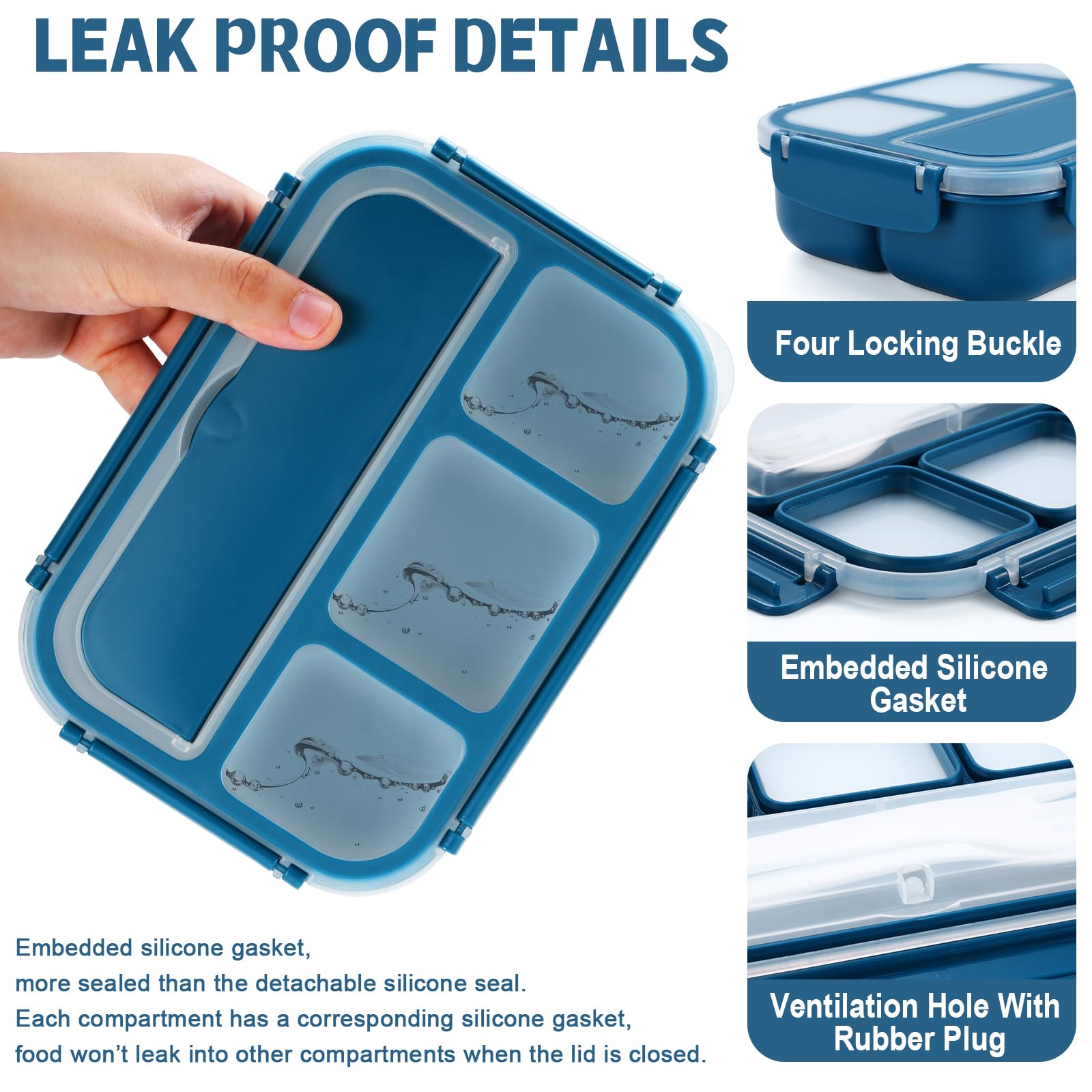 Bento Box Adult Lunch Box, Kids Lunch Containers for School with 4 Compartments, with Utensils, Sauce Jar, Muffin Liners, Microwave Safe, Navy