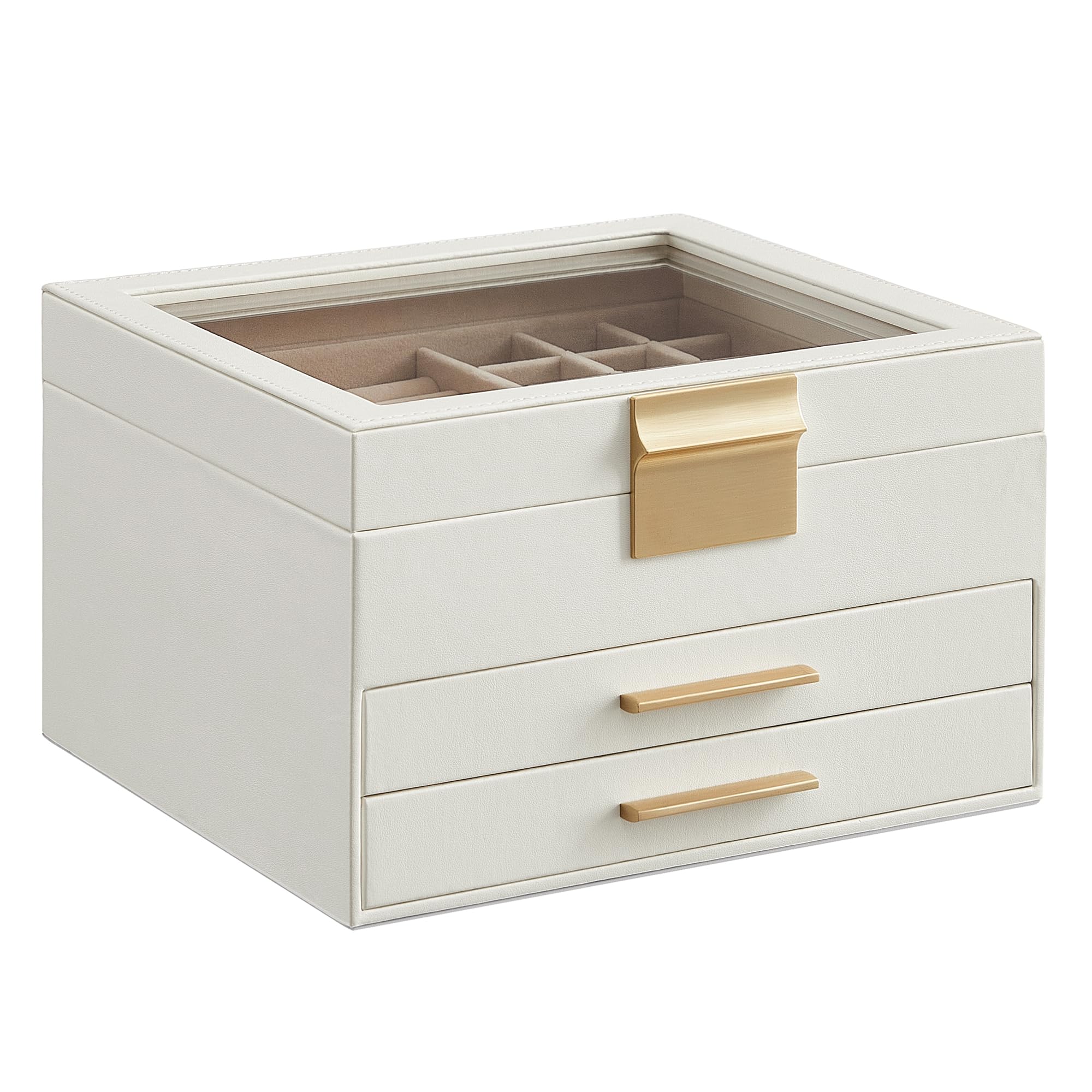 SONGMICS Jewelry Box Organizer with Glass Lid, 3-Layer Jewelry Storage, with 2 Drawers, Modern Style, 8 x 9.1 x 5.3 Inches, Cloud White and Gold Color UJBC239WT