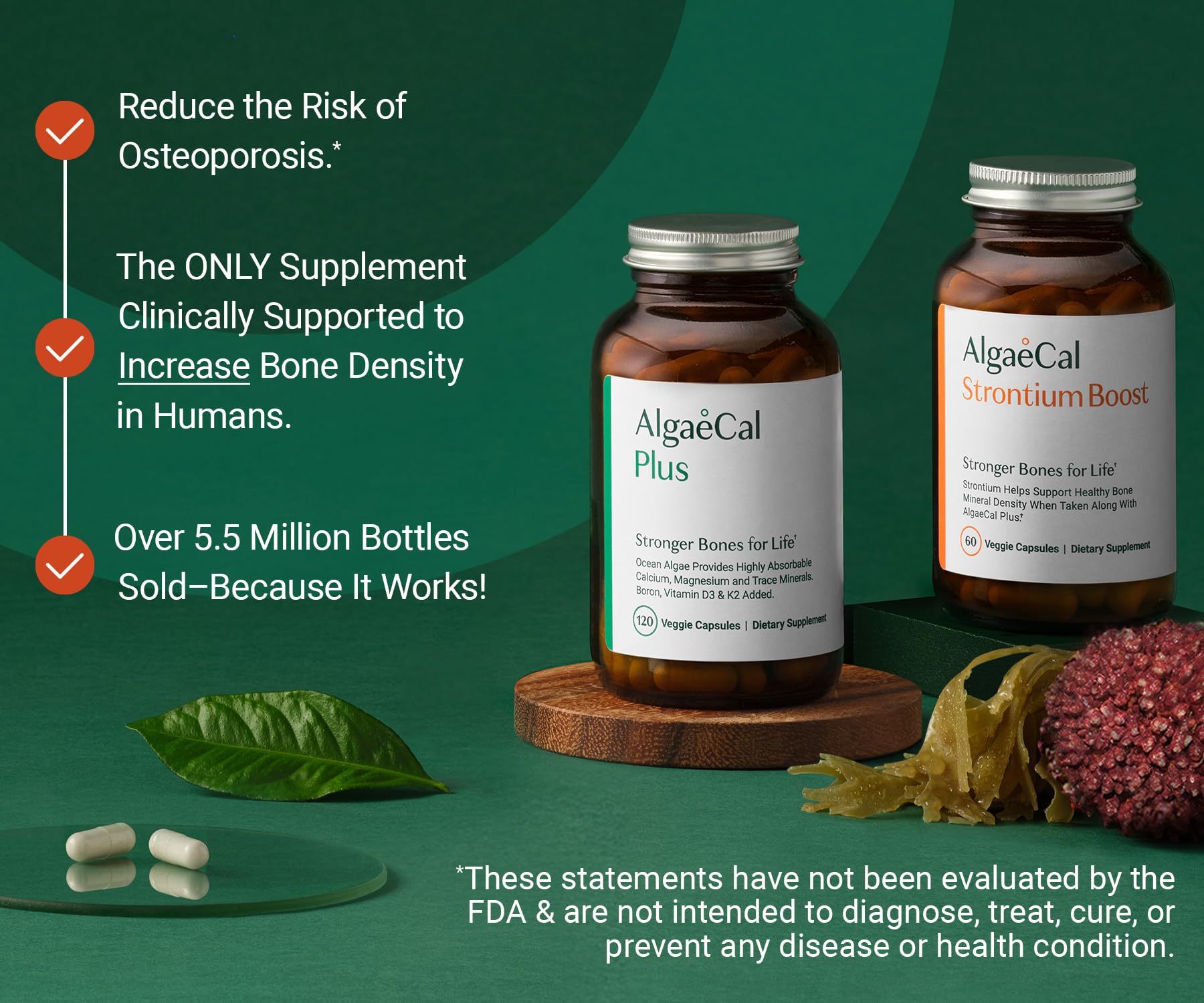 AlgaeCal - Bone Builder Pack for Bone Density Increase, Clinically Supported Plant Based Calcium Supplement & Strontium, Vitamins K2 (100mg), D3 (1600 IU), Magnesium & 16 Essential nutrients
