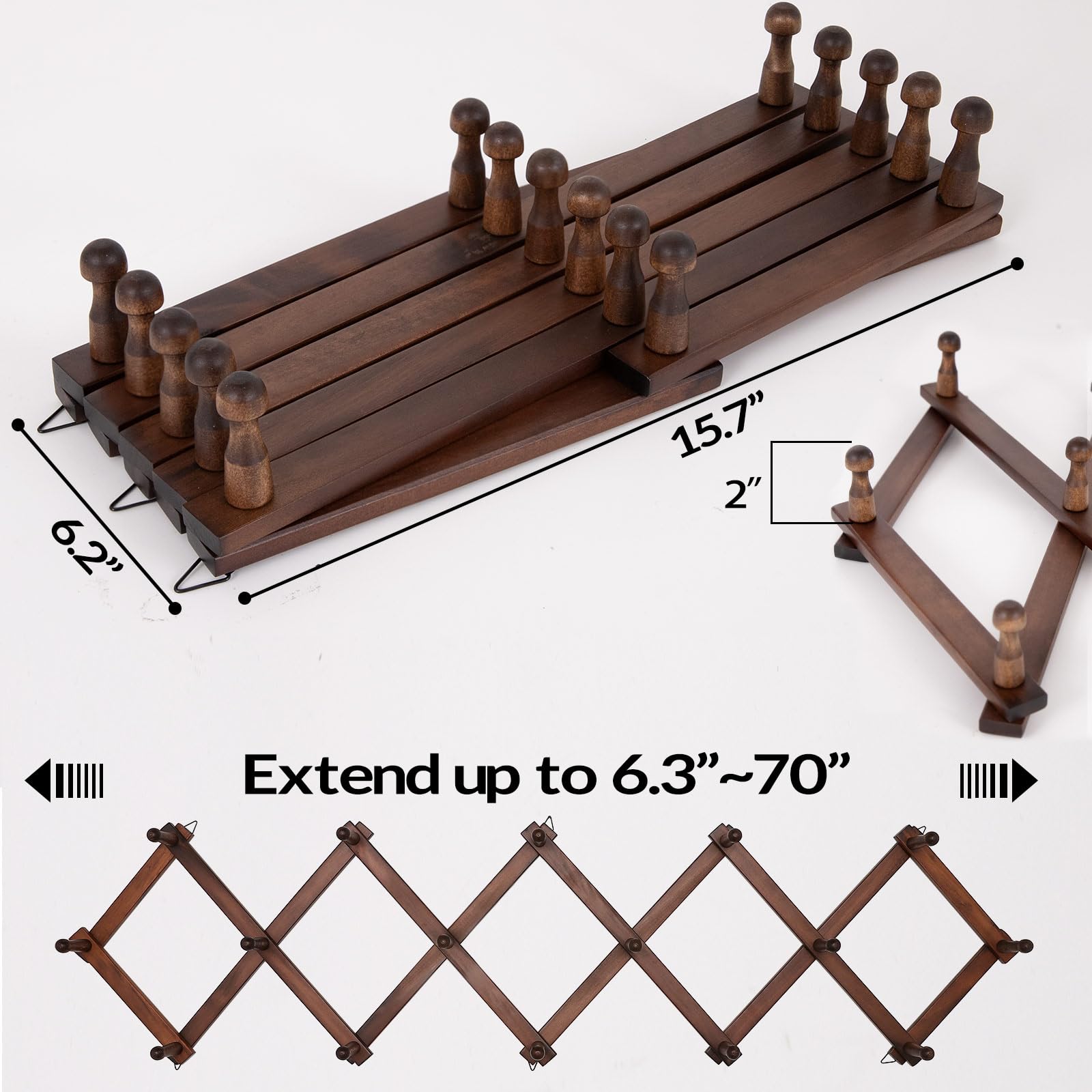 SCUNDA Hat Rack for Wall, Expandable Wall Hat Holder with 16 Hooks, 16 inch Wooden Wall Hook for Baseball Caps,Cowboy, Bag,Hoodie(Brown)