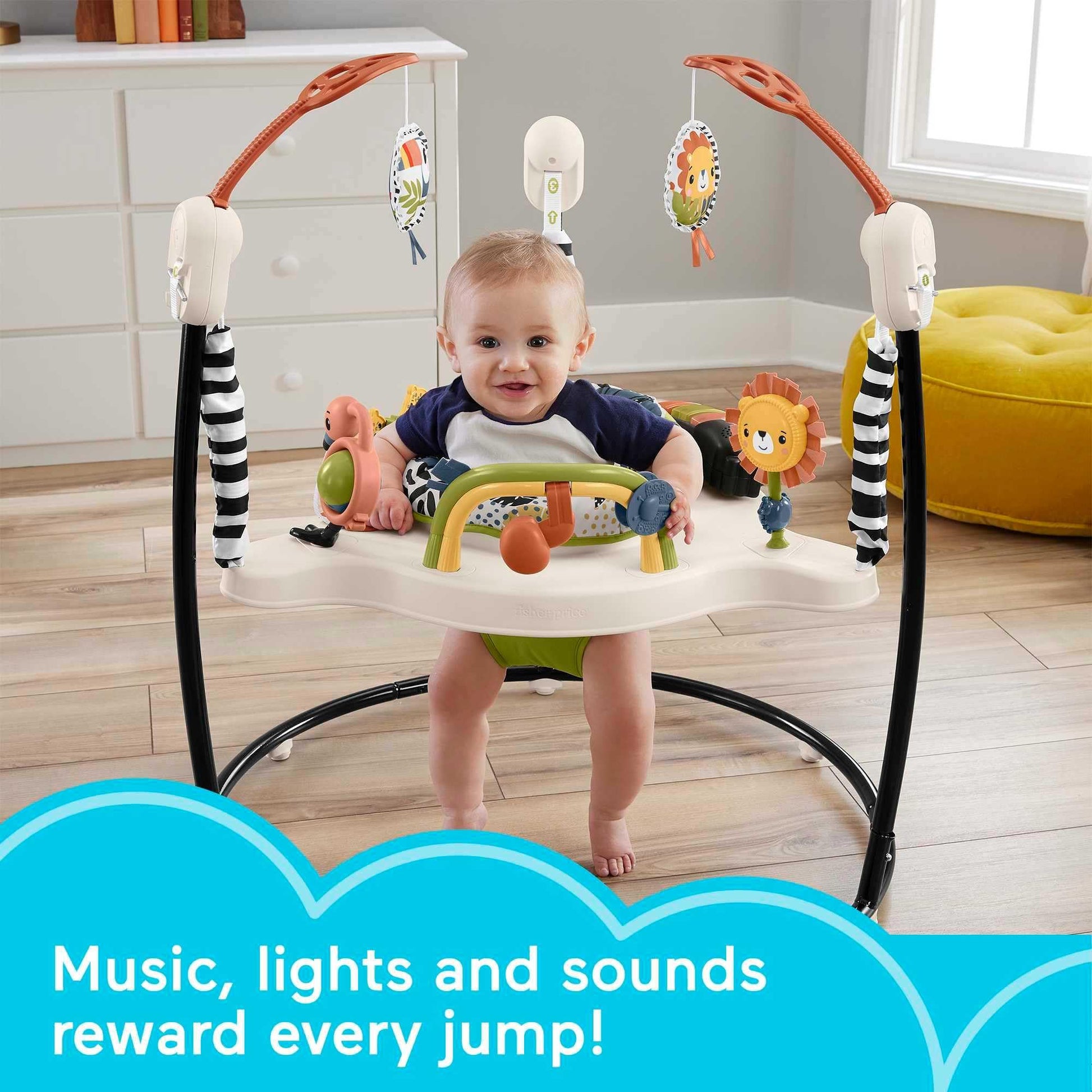 Fisher-Price Baby Bouncer Palm Paradise Jumperoo Activity Center with Music Lights Sounds and Developmental Toys​