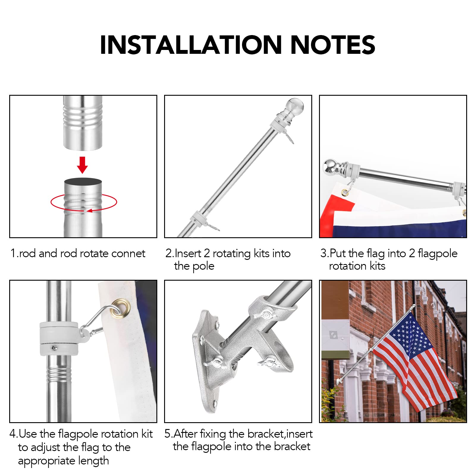 Yeesun Flag Pole,6FT American Flag Pole & Bracket-Flagpoles for 3 x 5 Flags Holder for House Porch & Outdoor,Tangle Free and Wall Mount Flag Pole Kit (Without flag,Black)