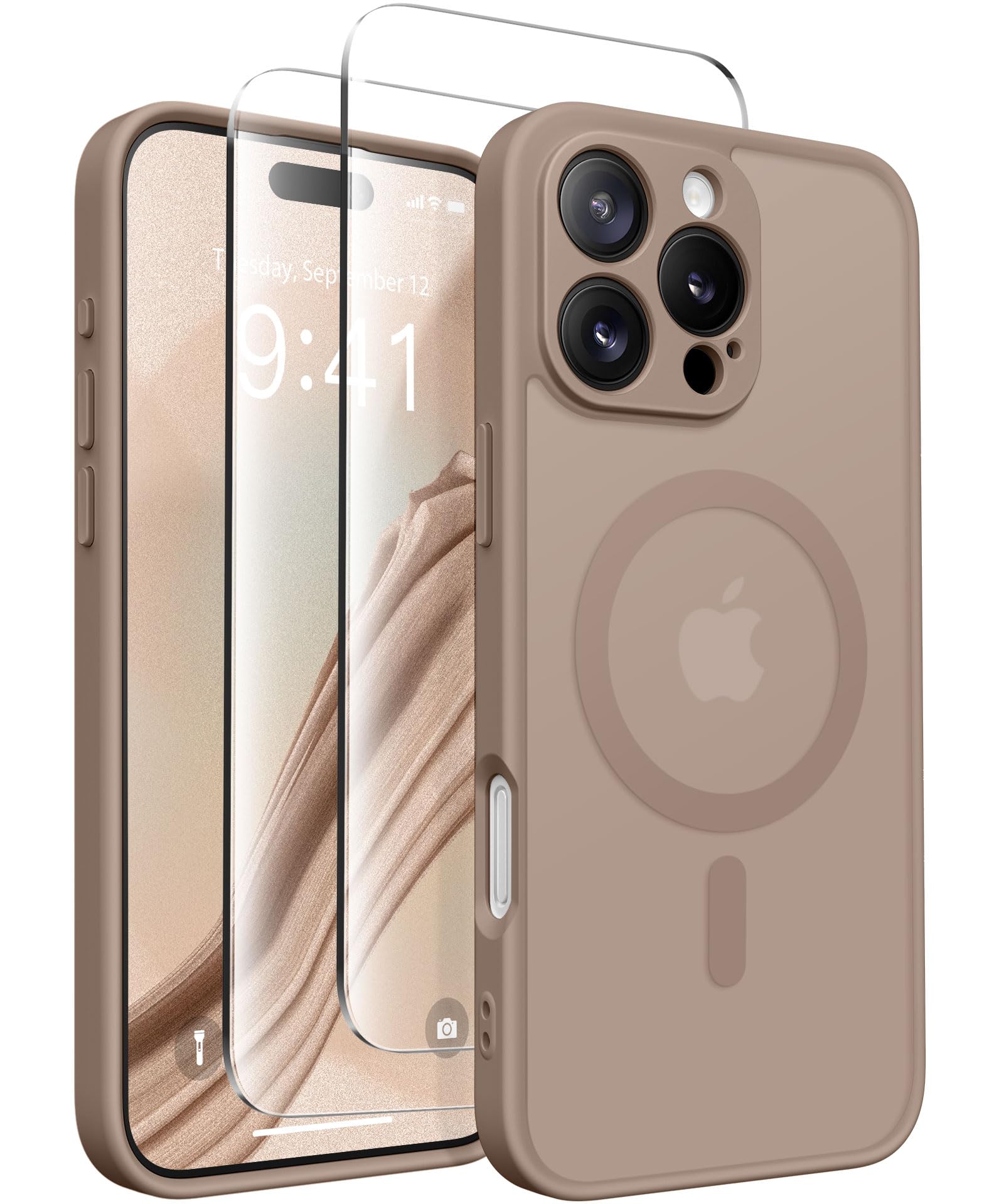 جراب هاتف CAPRARO المغناطيسي متوافق مع iPhone 16 Pro، مطور [حماية كاملة للكاميرا] [متوافق مع MagSafe] جراب هاتف واقٍ شفاف غير لامع للنساء والفتيات، بني باهت