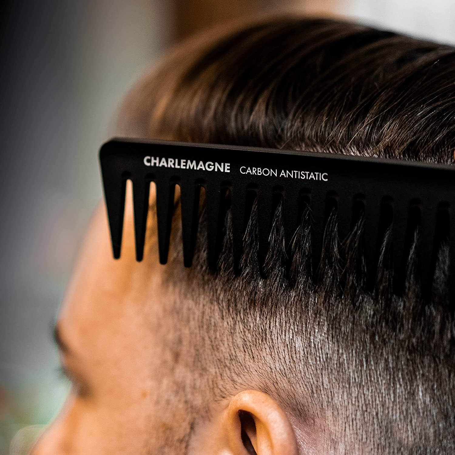 Charlemagne Carbon Hair Comb for Men - 19 cm, Coarse Teeth - Antistatic, Shatterproof Carbon Wide Tooth Comb for Curls & Texture Detangling - Developed by Barbers, Designed in Germany
