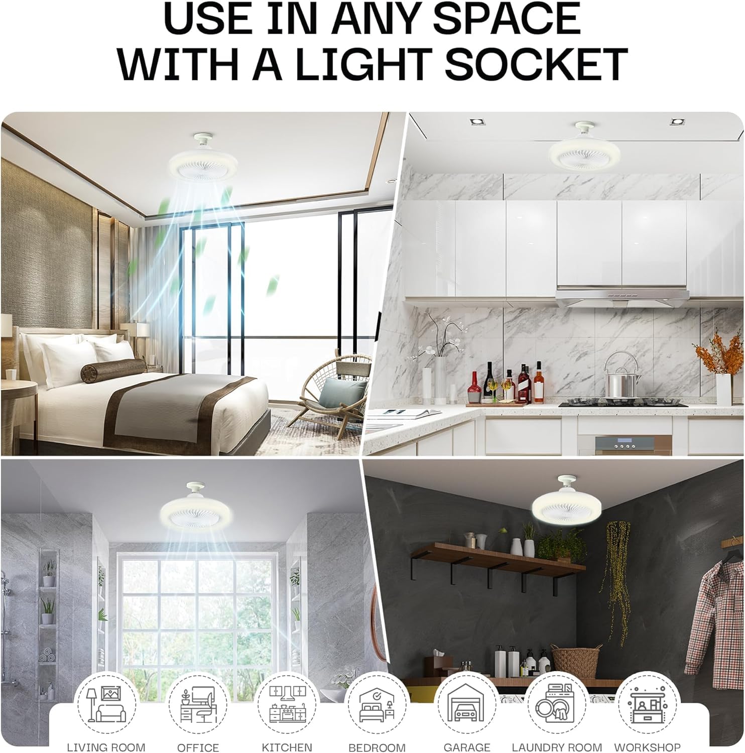 Bell+Howell SocketAir Wireless Ceiling Fan Light with Remote Control, Extender,110-120 Volt, 2100 Lumens, 3 Fan Speeds, 3 Light Settings, 6500K for Living, Dining, Working Space ASON TV