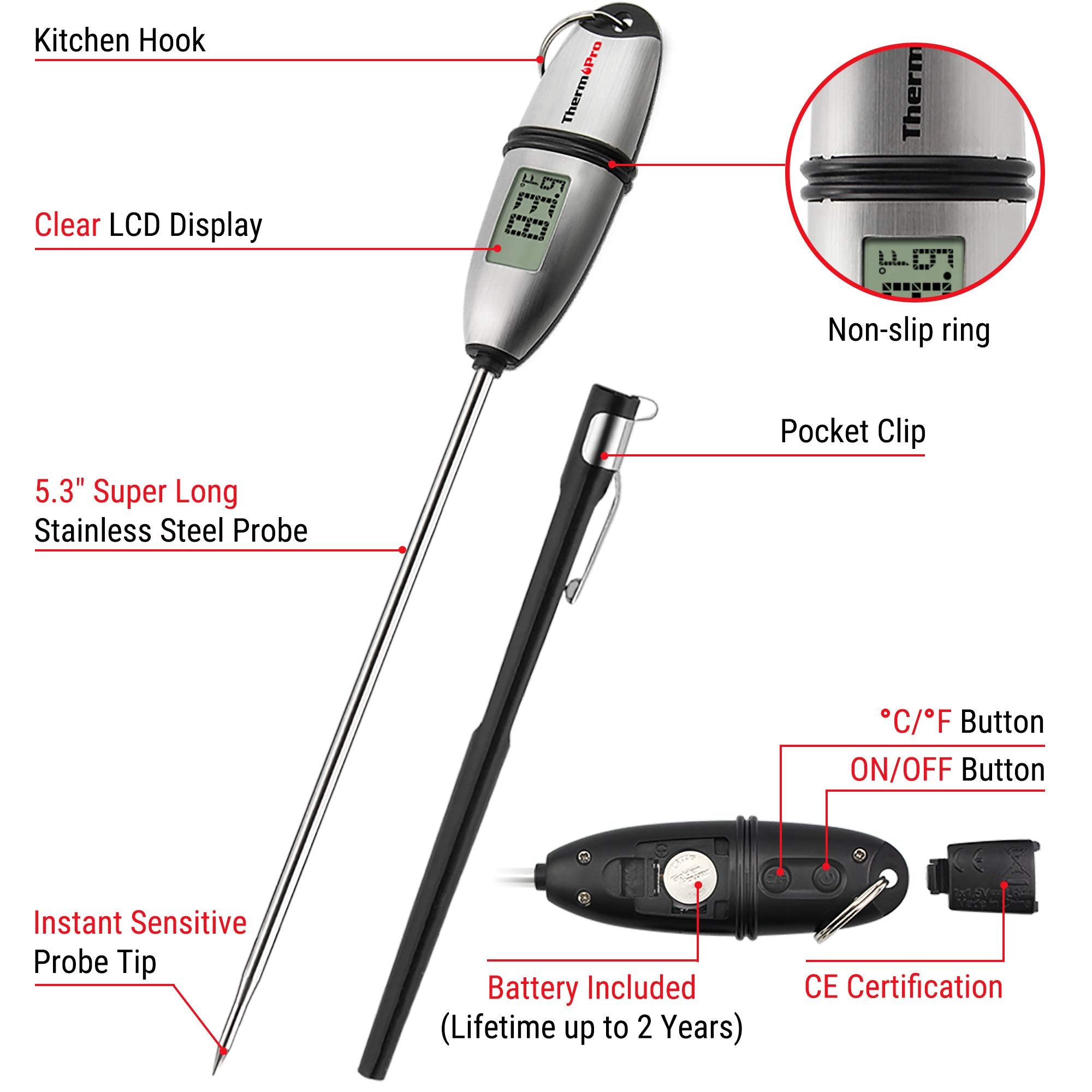 ThermoPro TP02S Digital Food Thermometer for Cooking Bread Baking Sourdough Liquids, Meat Thermometer Digital with Super Long Probe for Grill Kitchen BBQ Oil Milk Yogurt Candy Making Accessory