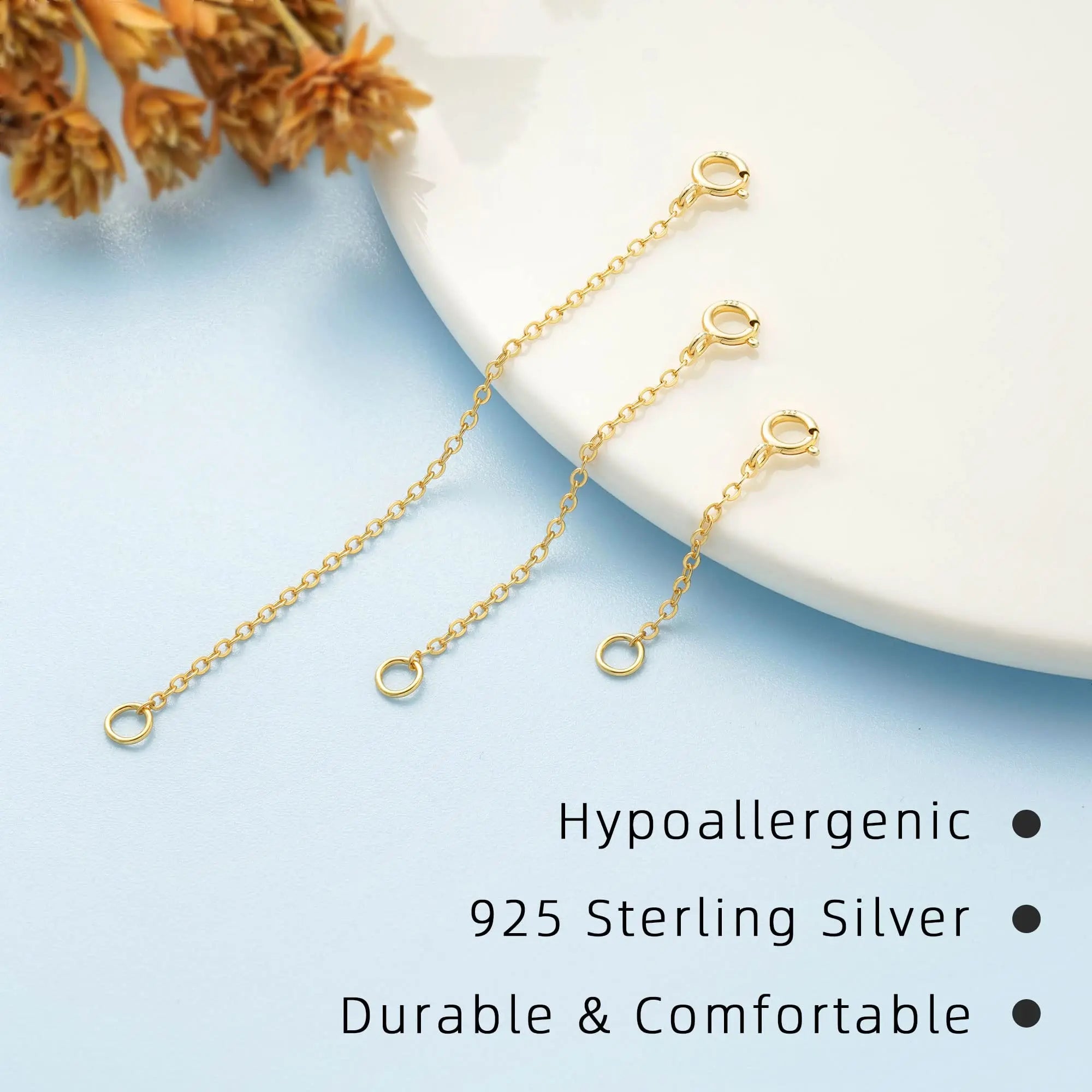 VANBARIS Gold Necklace Extender 14K, Necklace Extenders Gold 925 Sterling Silver Bracelet Anklet Jewelry Extension Chain for Necklaces, 3 Piece Set (1, 2, 3 Inches)