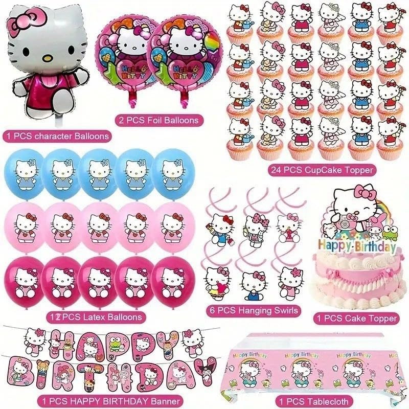 48Pcs - Kitty Birthday Party Decorations Set, with Banner, Balloons, Cake Topper, Cupcake Toppers, Hanging Swirls, Tablecloth.