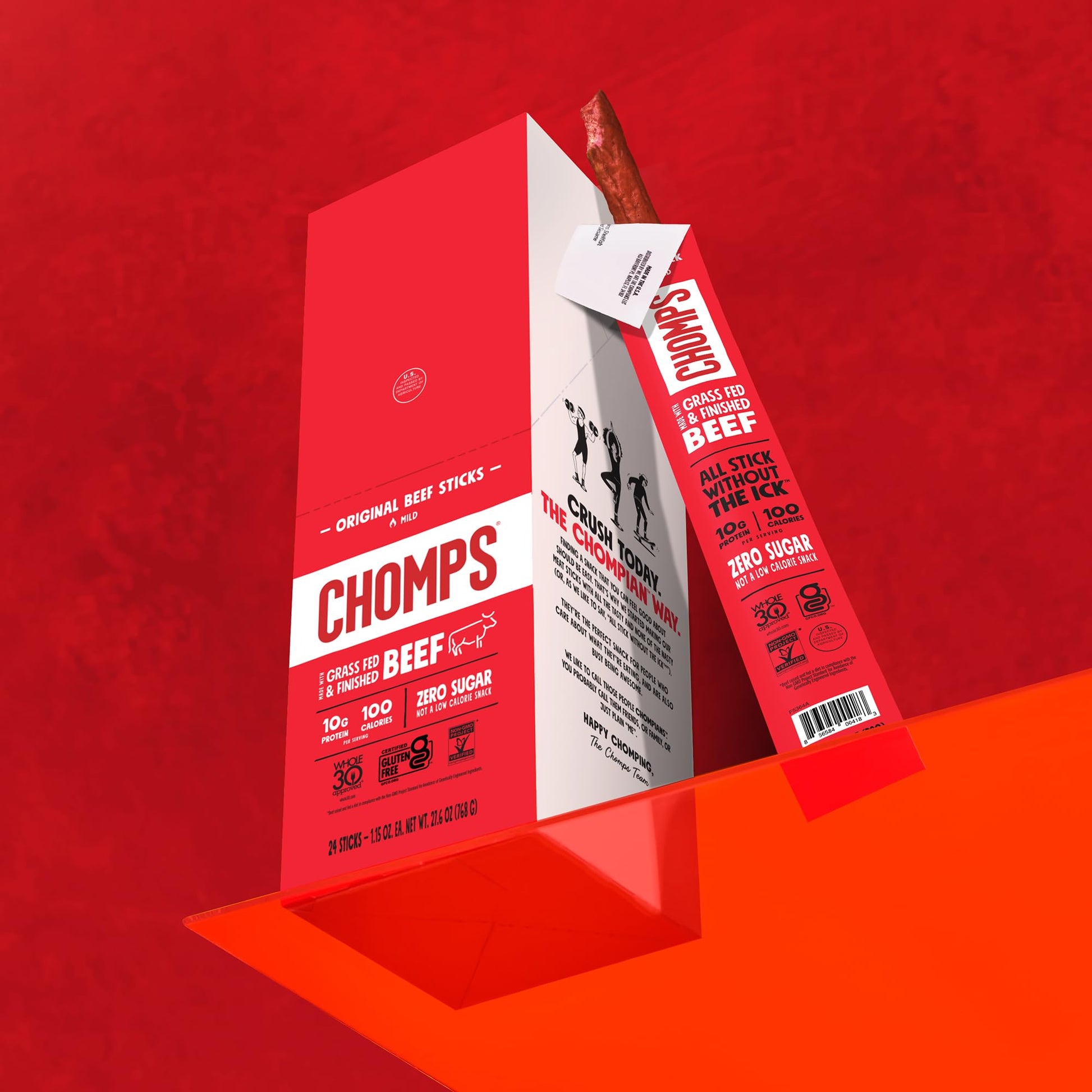 Chomps Grass-Fed and Finished Original Beef Jerky Snack Sticks 10-Pack - Keto, Paleo, Whole30, 10g Lean Meat Protein, Gluten-Free, Zero Sugar Food, Non-GMO