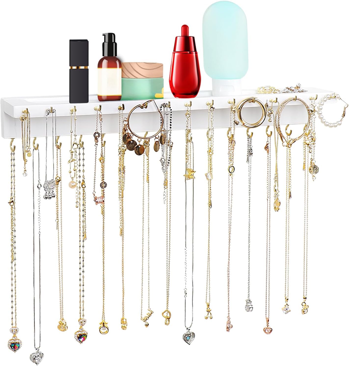 YYILIS Necklace Holder, Upgraded Extra Large Wall Necklace Organizer with 30 Hooks Wall Mounted Necklace Hanger with Jewelry Tray/Cosmetics Shelf Rustic Pine Wood Holder (White)