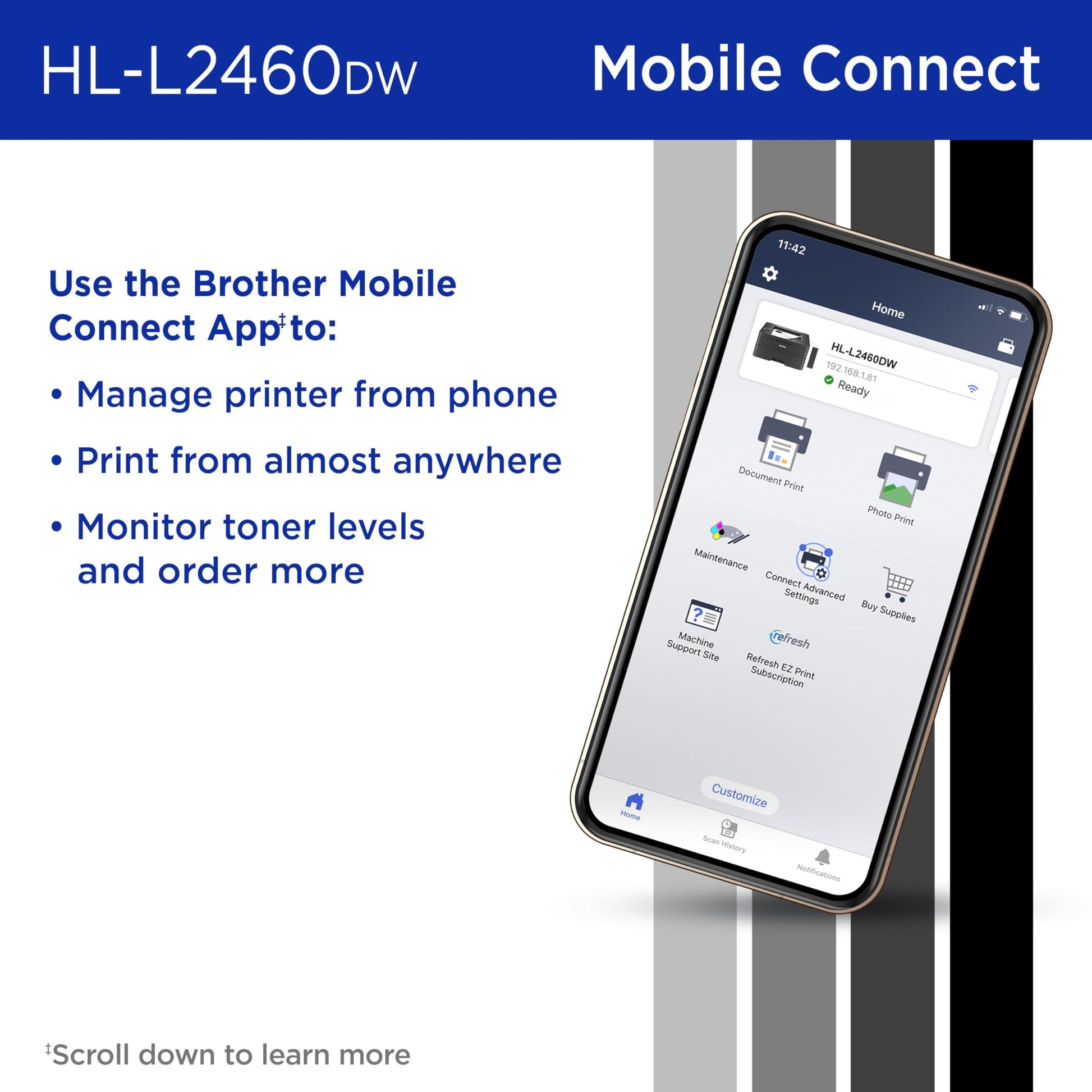 Brother HL-L2460DW Wireless Compact Monochrome Laser Printer with Duplex, Mobile Printing, Black & White Output