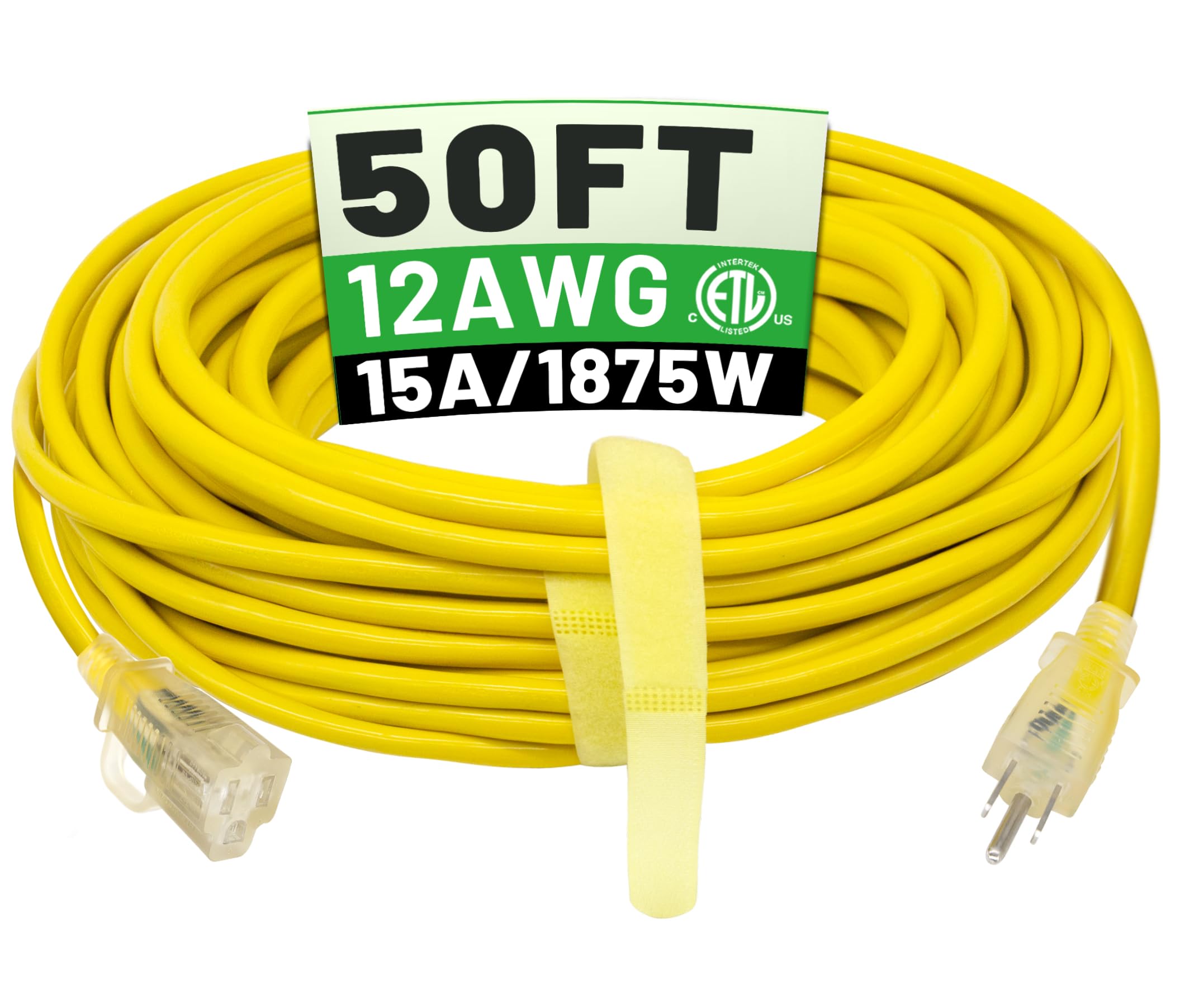 POWGRN 50 ft 12/3 Outdoor Extension Cord Waterproof Heavy Duty with Lighted Indicator End 12 Gauge 3 Prong, Flexible Cold-Resistant Long Power Cord Outside, 15Amp 1875W SJTW Yellow ETL Listed