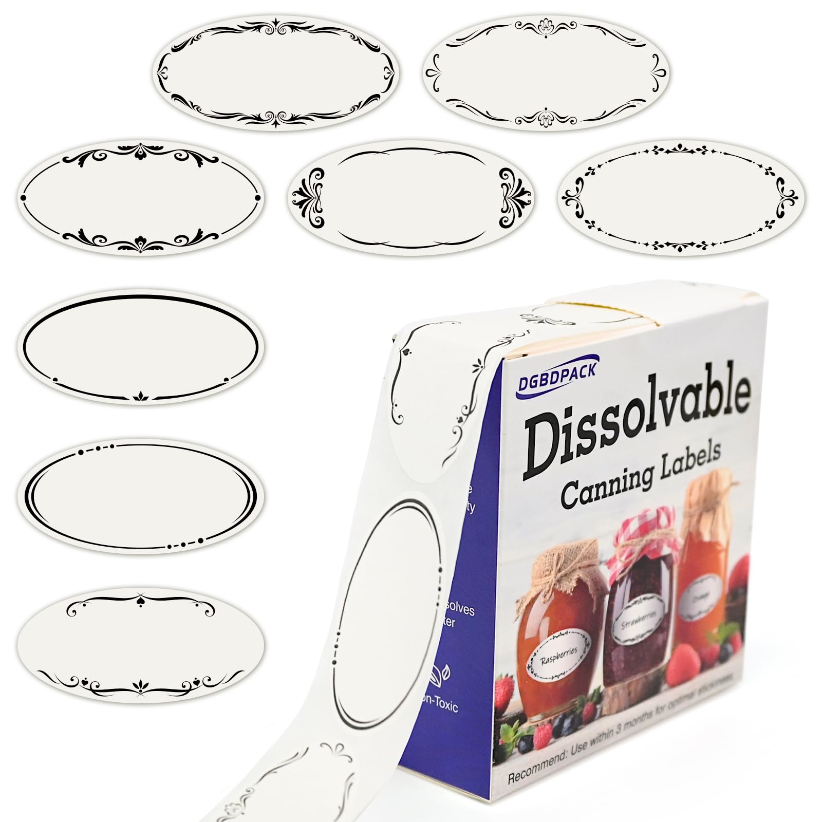 DGBDPACK 400 Dissolvable Canning Labels for Mason Jars, Small Pantry Labels 1 x 2 inch, Water-Soluble Stickers-8 Designs