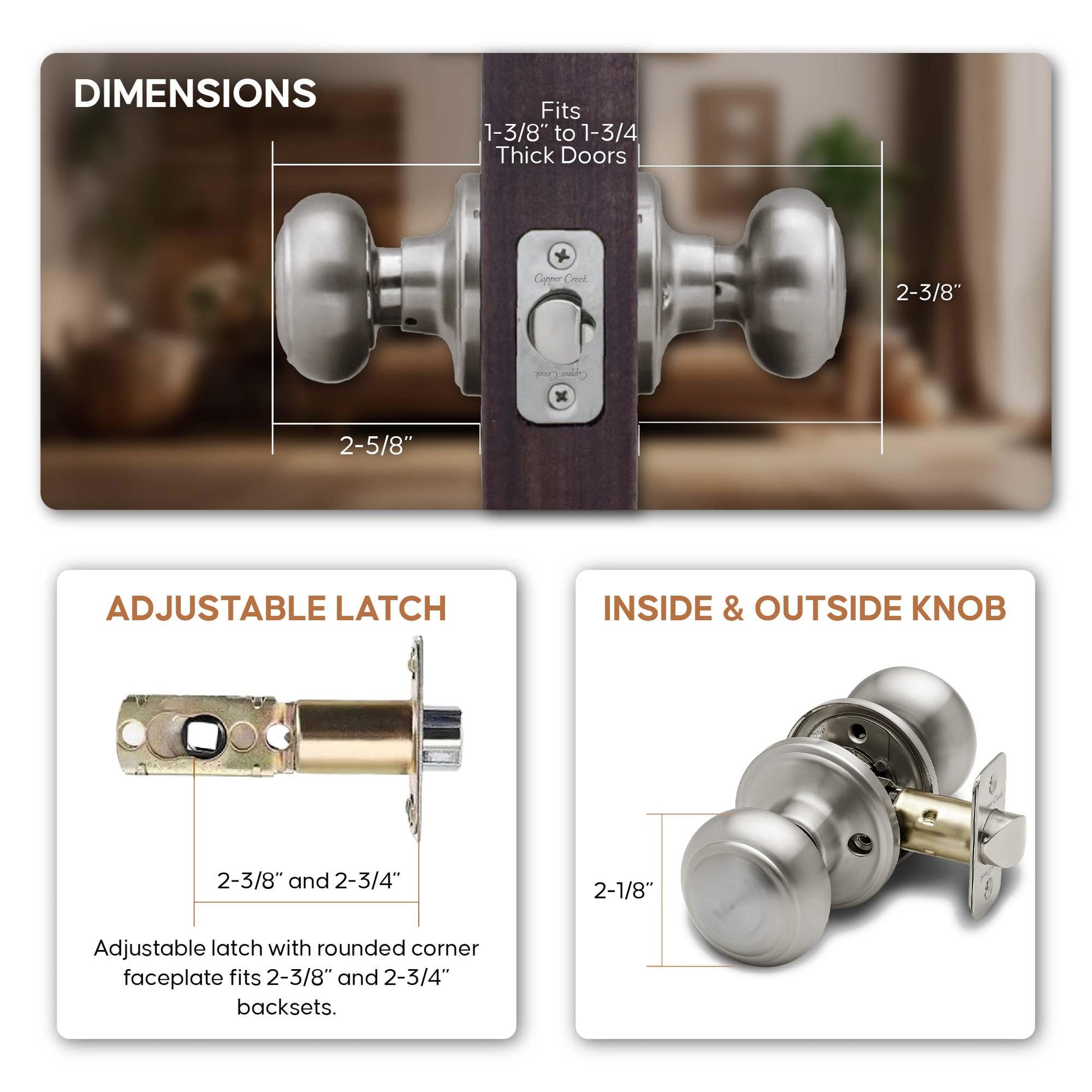 Copper Creek Colonial Passage Interior Door Knob – ANSI Grade-3 Certified, Modern Heavy Duty Handle, Easy Install and Reversible for Bedroom, Bathroom and Closets – Satin Stainless (1 Pack)