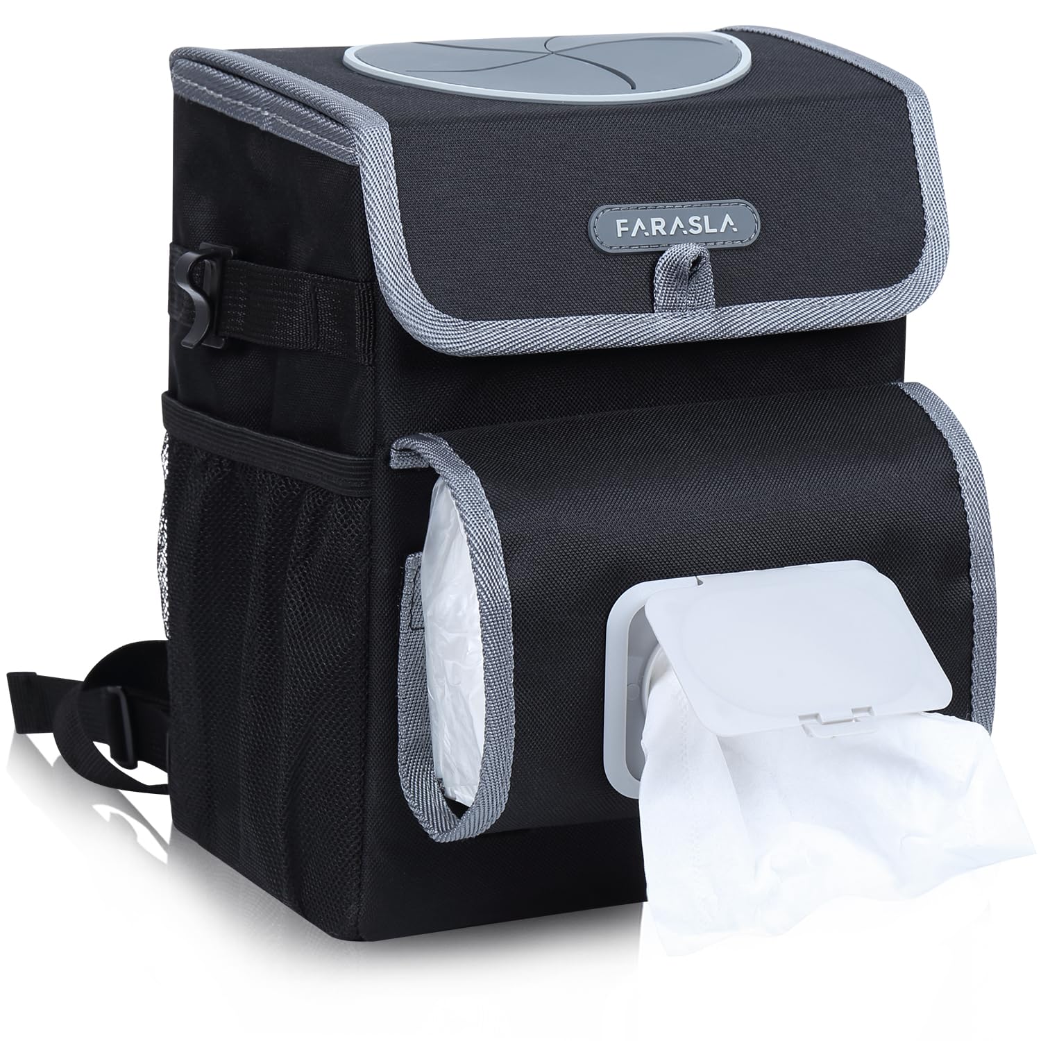 Farasla All-in-One Car Trash Can, Garbage Bag for Car with Removable Leakproof Interior Liner, Adjustable Tissue Holder & Straps(Black)