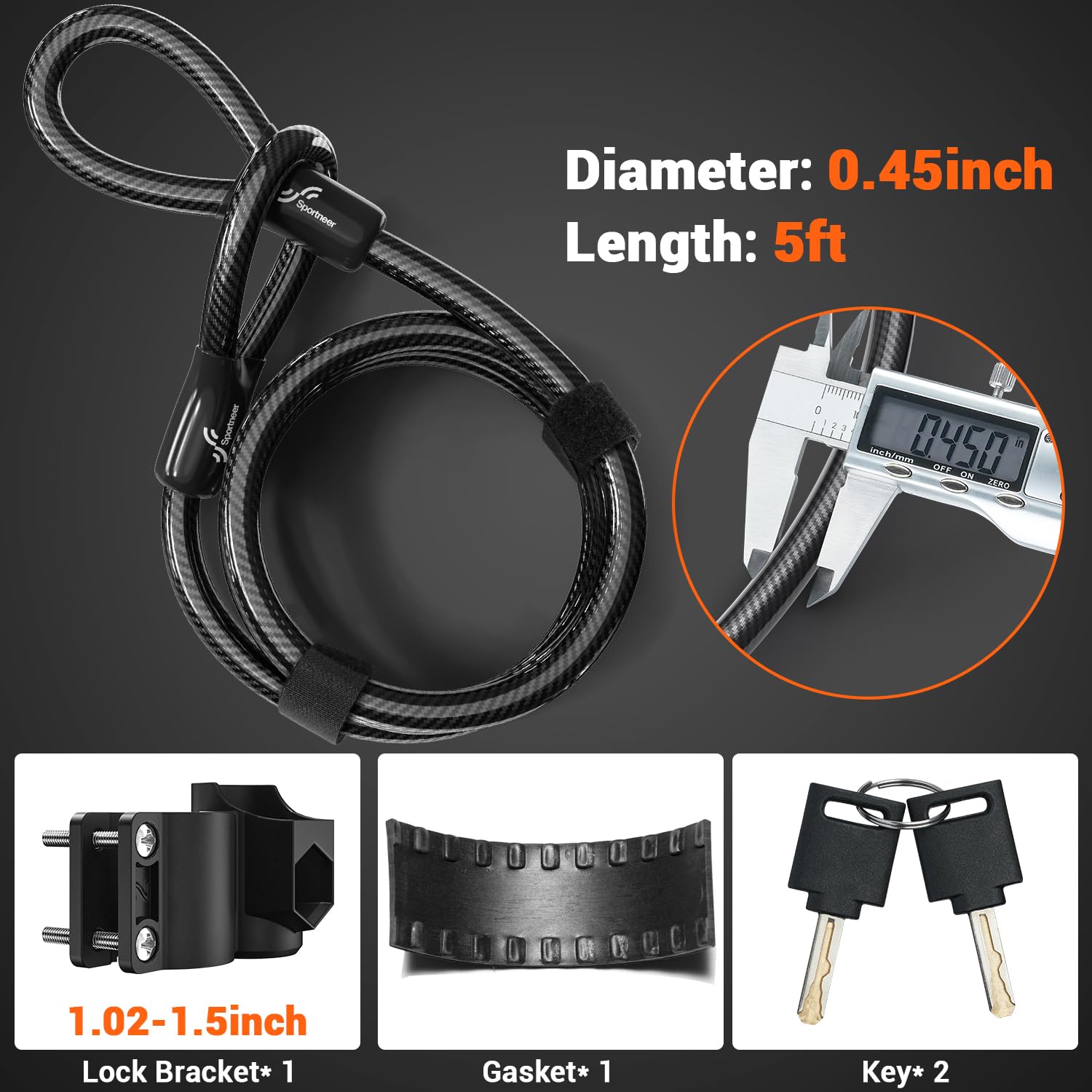 Sportneer Bike Lock: Heavy Duty Anti Theft Bike U Lock with 5ft Security Steel Cable - 17mm Shackle Bicycle U-Locks with Keys & Sturdy Mounting Bracket for Road, Mountain, Electric & Folding Bike