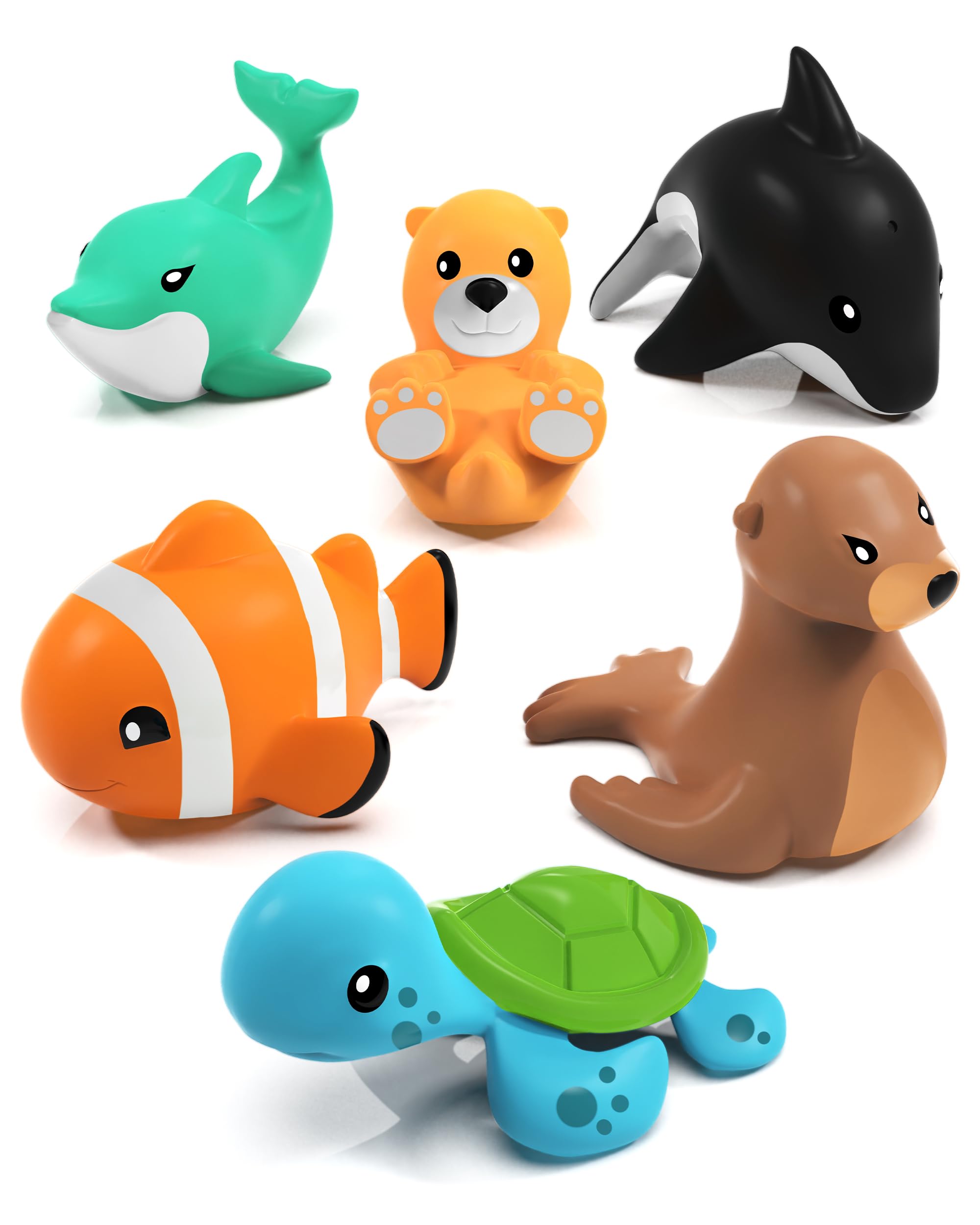 Tub Works Marine Mold Free Bath Toys, 6 Pack | Sealed, No Hole Bath Toys Design Keeps Moisture Out | Soft, Squeezable & Float on Water | Easy-Grip Baby & Toddler Bath Toy Set | Great Baby Pool Toys