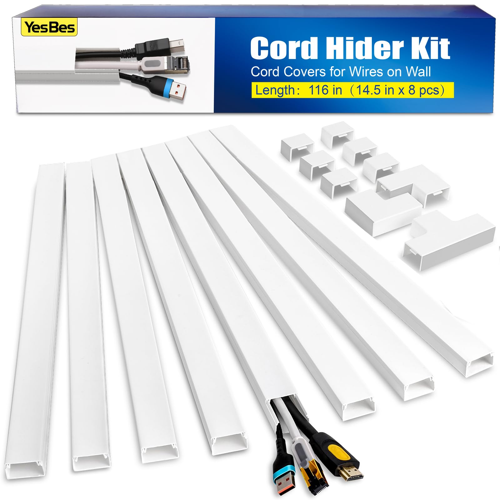 116in Cord Hider Kit, Cord Covers for Wires on Wall, Paintable Cable Raceway, Cord Hider for Wall Mount tv, tv Cable Hider Wall kit, Wire Covers for Cords, W0.96in X H0.57in, White
