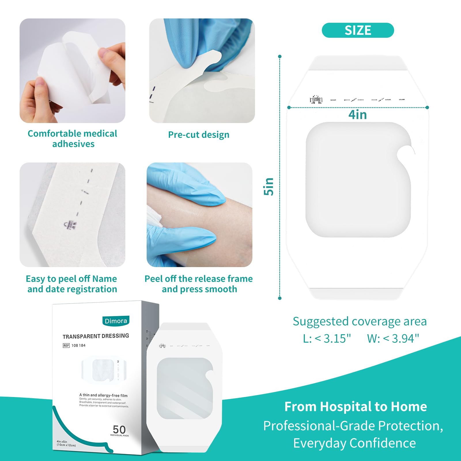 Dimora Transparent Film Dressing 50 Packs, Waterproof Adhesive Clear Bandages 4 in x 5 in, Wound Cover for IV Shield, Tattoo Aftercare Bandage,Clear Bandage Tape for Wound Care