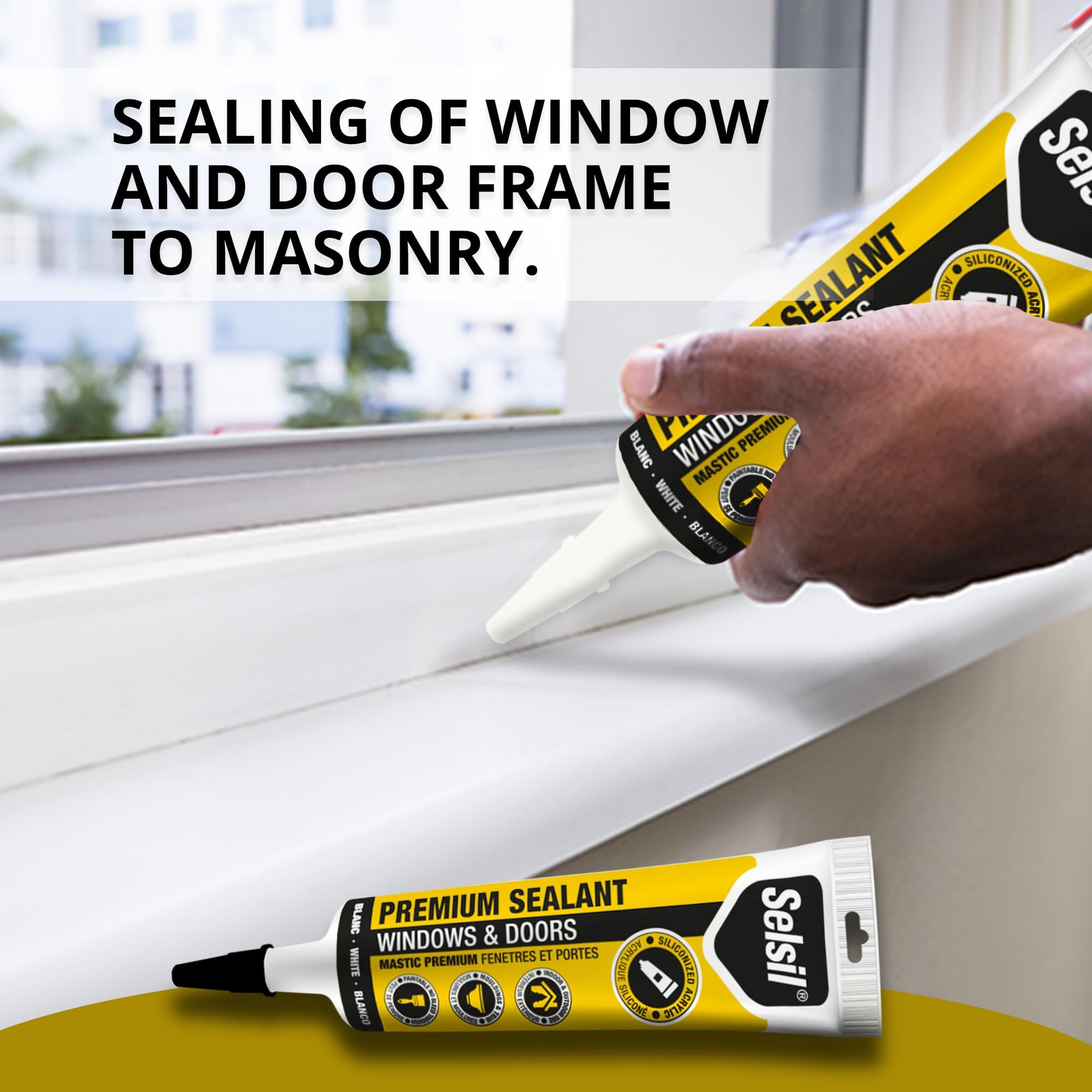 Selsil Siliconized Super Acrylic Latex Sealant, Indoor & Outdoor Paintable Caulk - Flexible, Weather & Moisture Resistant, White Caulking for Baseboards, Windows, Doors & More - 5.5 oz (160 ml)