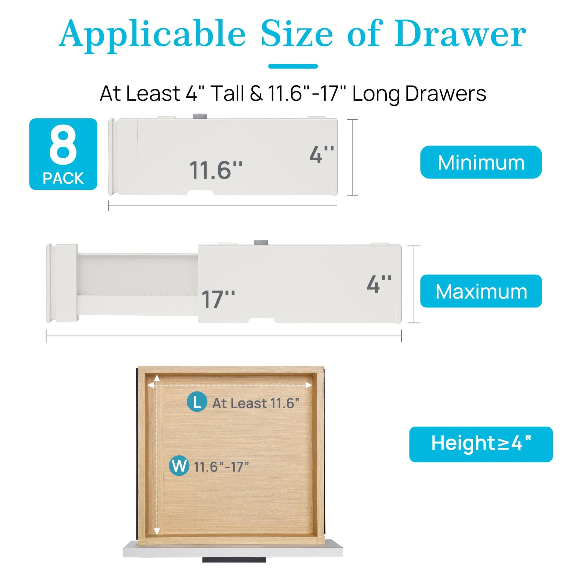 Vtopmart Drawer Dividers for Clothes 8 Pack, Adjustable 4" High Expandable from 11.6"-17" Dresser Drawer Organizer, Plastic Drawers Separators for Dresser, Baby Clothes, Kitchen and Office Storage