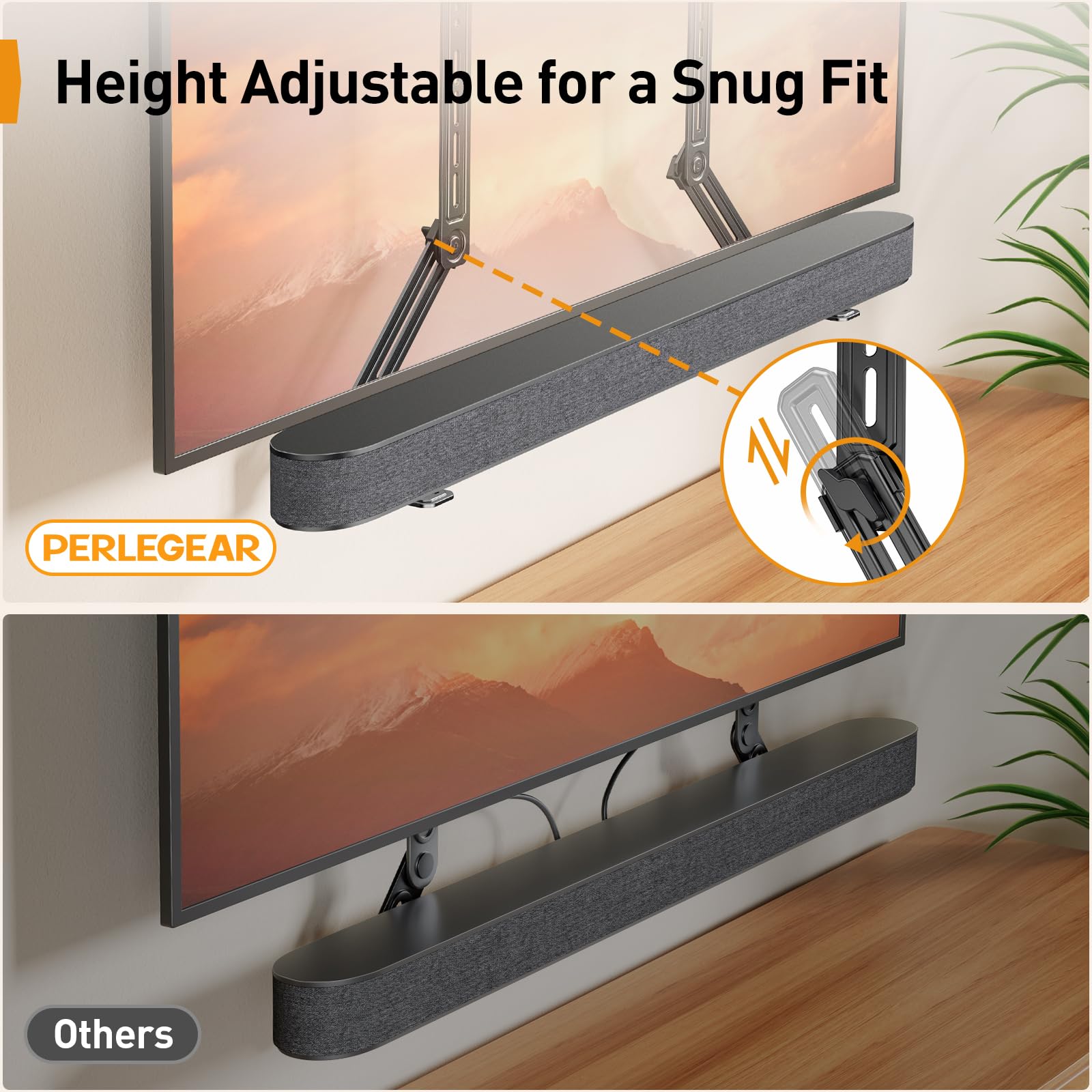 Perlegear Soundbar Mount with Adjustable Height, Sound bar Mount up to 15 lbs, Soundbar Mount Under TV or Above TV, Soundbar tv Mount Bracket with Detachable Long Extension Plates PGSM04B