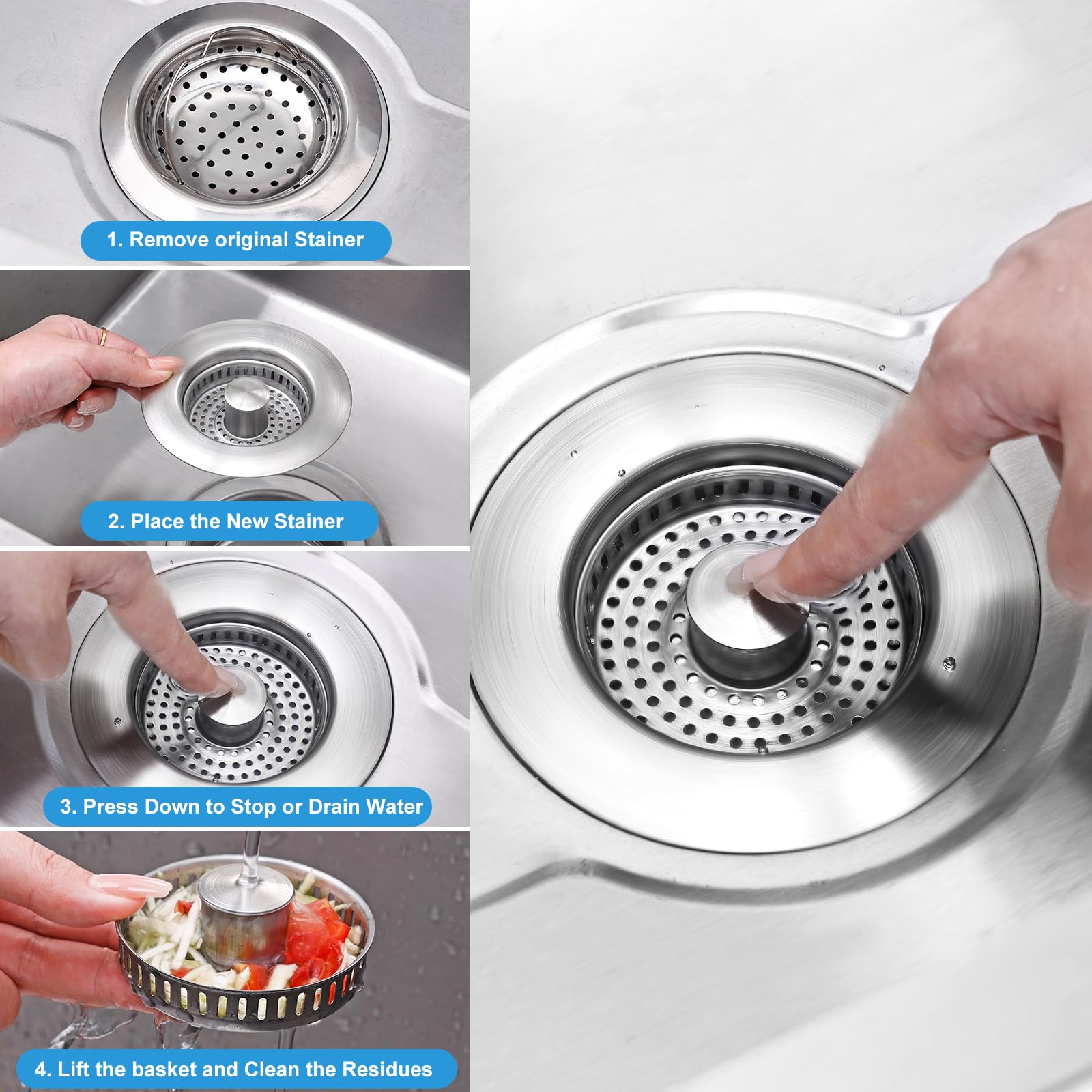 3-in-1 Kitchen Sink Drain Strainer & Stopper with Basket, Stainless Steel Drain Plug Cover Catcher for Food Waste - Sink Accessories for Home or Kitchen Sink Shroom Fit US Standard 3-1/2'' Drain Hole