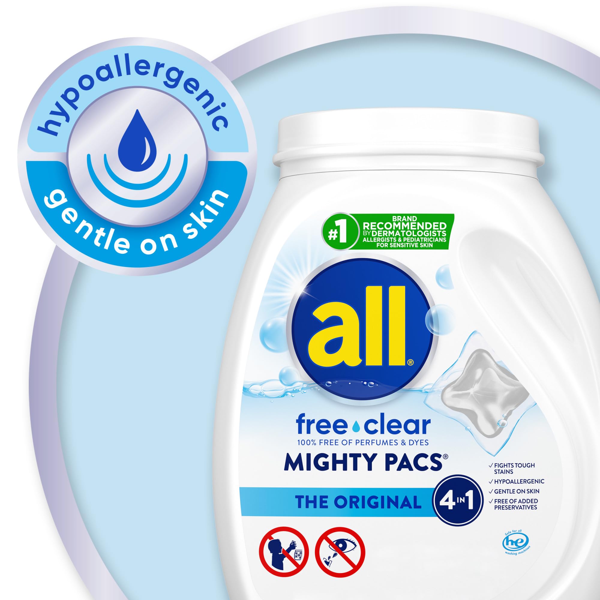all free clear, Original, MIGHTY PACS Laundry Detergent Pacs for Sensitive Skin, Unscented and Hypoallergenic, 66 Count (Pack of 2)