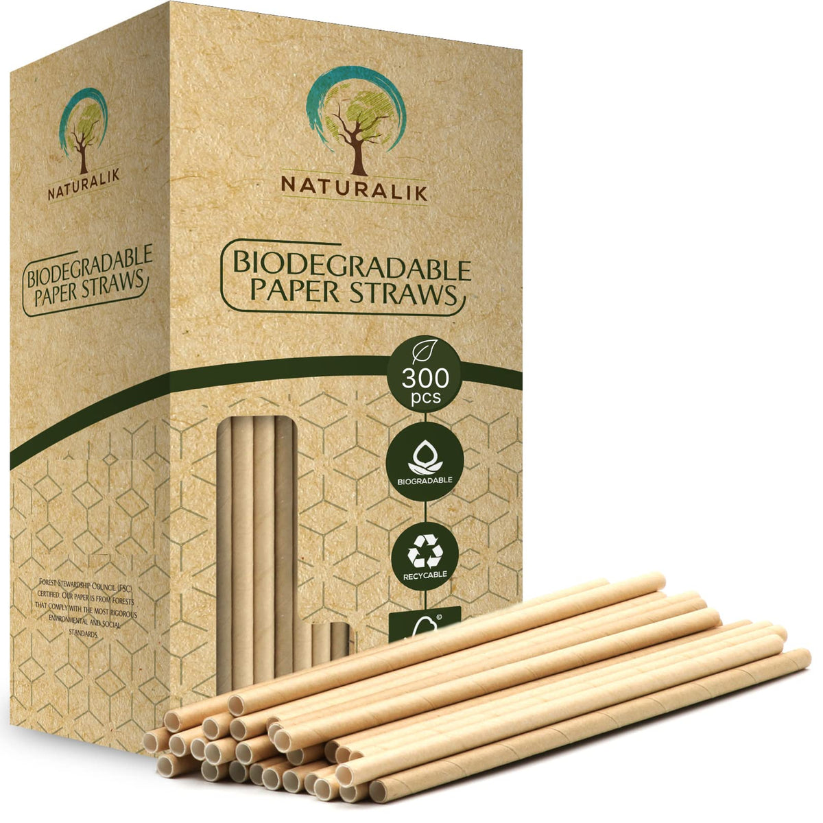 Naturalik 300/1000er-Pack extra haltbare braune Papierstrohhalme biologisch abbaubar – Premium-Papierstrohhalme Großpackung, schadstofffrei – Trinkhalme für Säfte, Restaurants und Partyzubehör, 19,5 cm (Braun, 300 Stk.)
