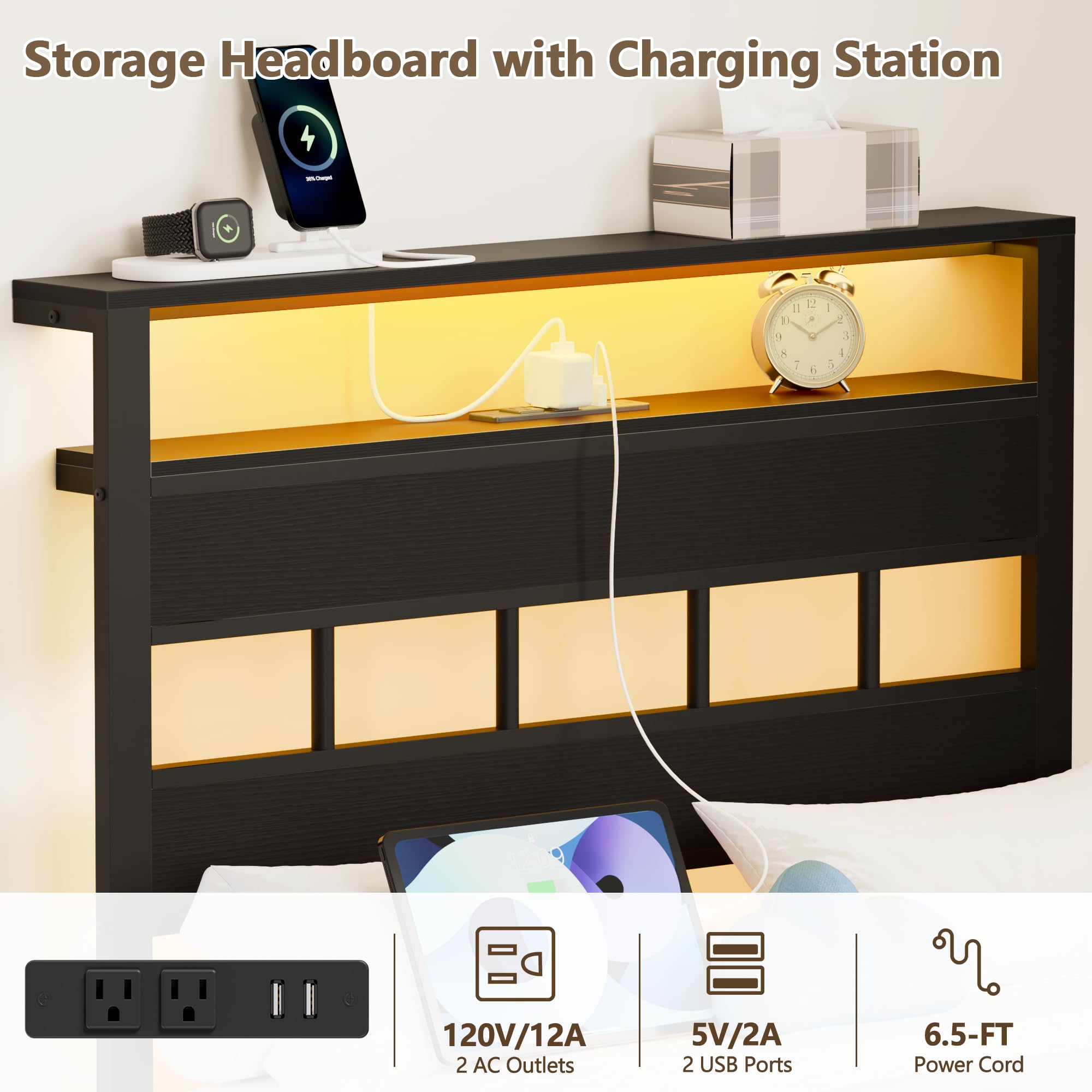 Furnulem Twin Bed Frames with Charging Station and LED Lights, Twin Size Platform Bed with Metal Slats, Wood Headboard with 2-Tier Storage Shelves, No Box Spring Needed, Black Oak
