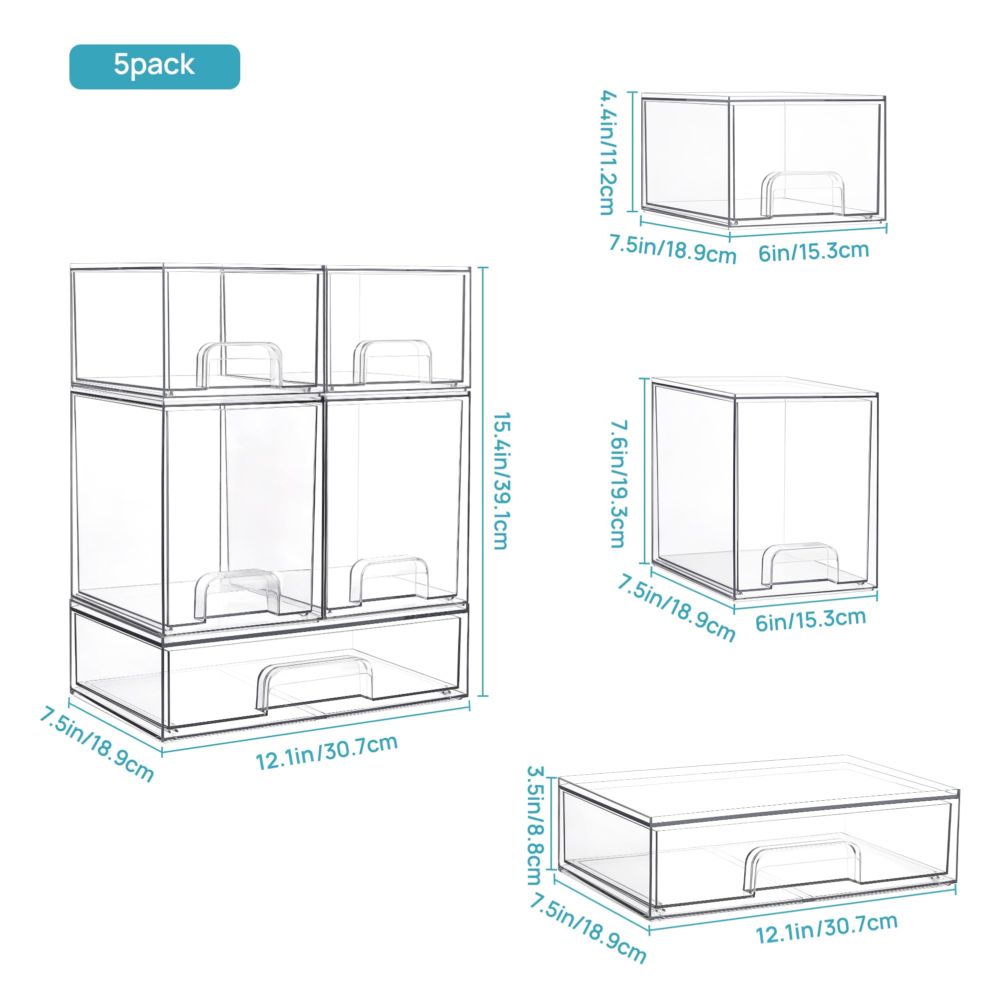 Vtopmart Stackable Storage Drawers Set of 5, Clear Plastic Organizer Bins for Beauty Supplies,Ideal for Vanity, Bathroom,Cabinet,Pantry Organization