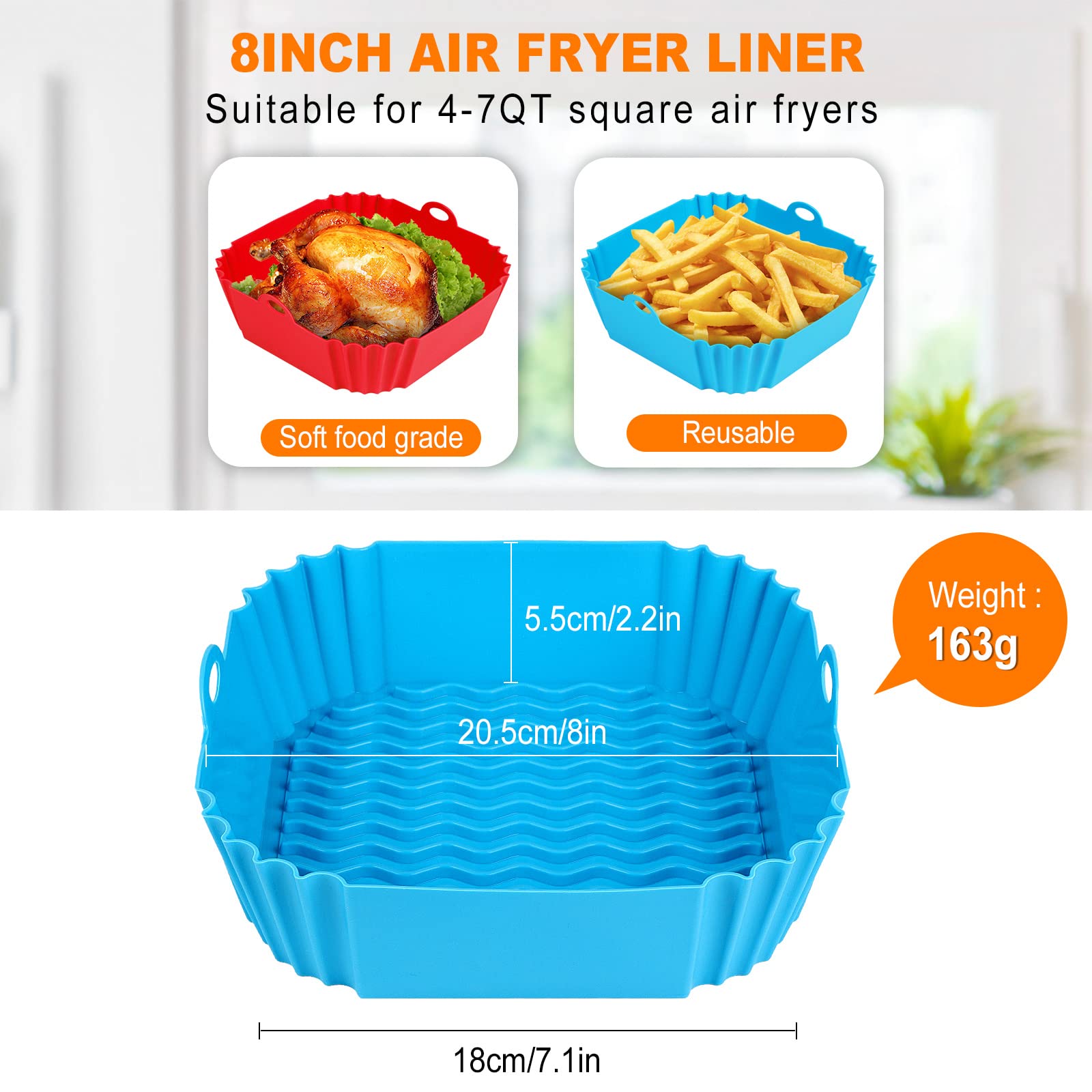 Boribim 2 PCS Square Silicone Air Fryer Liners - 8 Inch Reusable Air Fryer Pot - Air Fryer Accessories - Air Fryer Inserts for 4 to 7 QT Oven Microwave Accessories (Red + Blue)