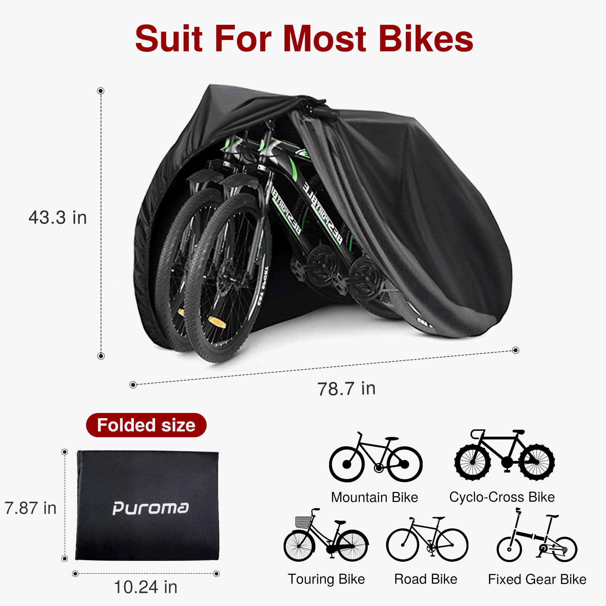 Puroma Bike Cover for 1 bike, Outdoor Waterproof Bicycle Covers Rain Sun UV Dust Wind Proof with Lock Hole for Mountain Road Electric Bike (Basic Black)