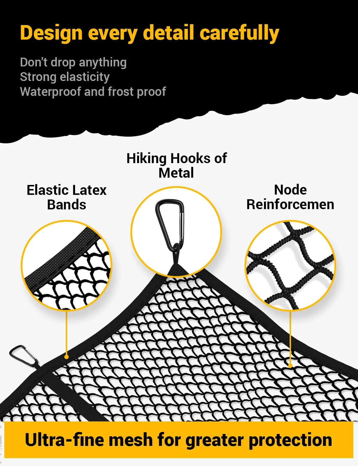AUTOWN Cargo Net for Pickup Truck Bed - Stretchable 4'x4' to 7'x7', High Elastic Fine Mesh 1''x1'' with 8 Metal Carabiners - Ideal for ATV, SUV, UTV, Truck and Boat Use (Single Layer)