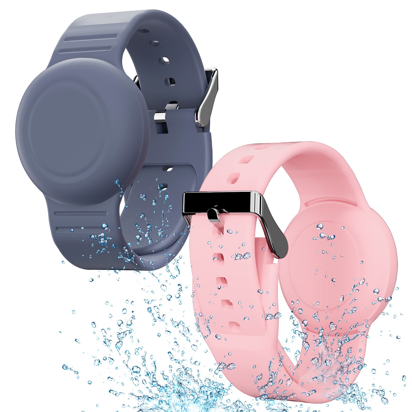 Waterproof Bracelet Compatible with Airtag Case for Kids(2 Pack), Soft Silicone Hidden Wristband, Lightweight GPS Tracker Compatible with Apple Air Tag Watch Band for Child (Grey Blue & Pink)