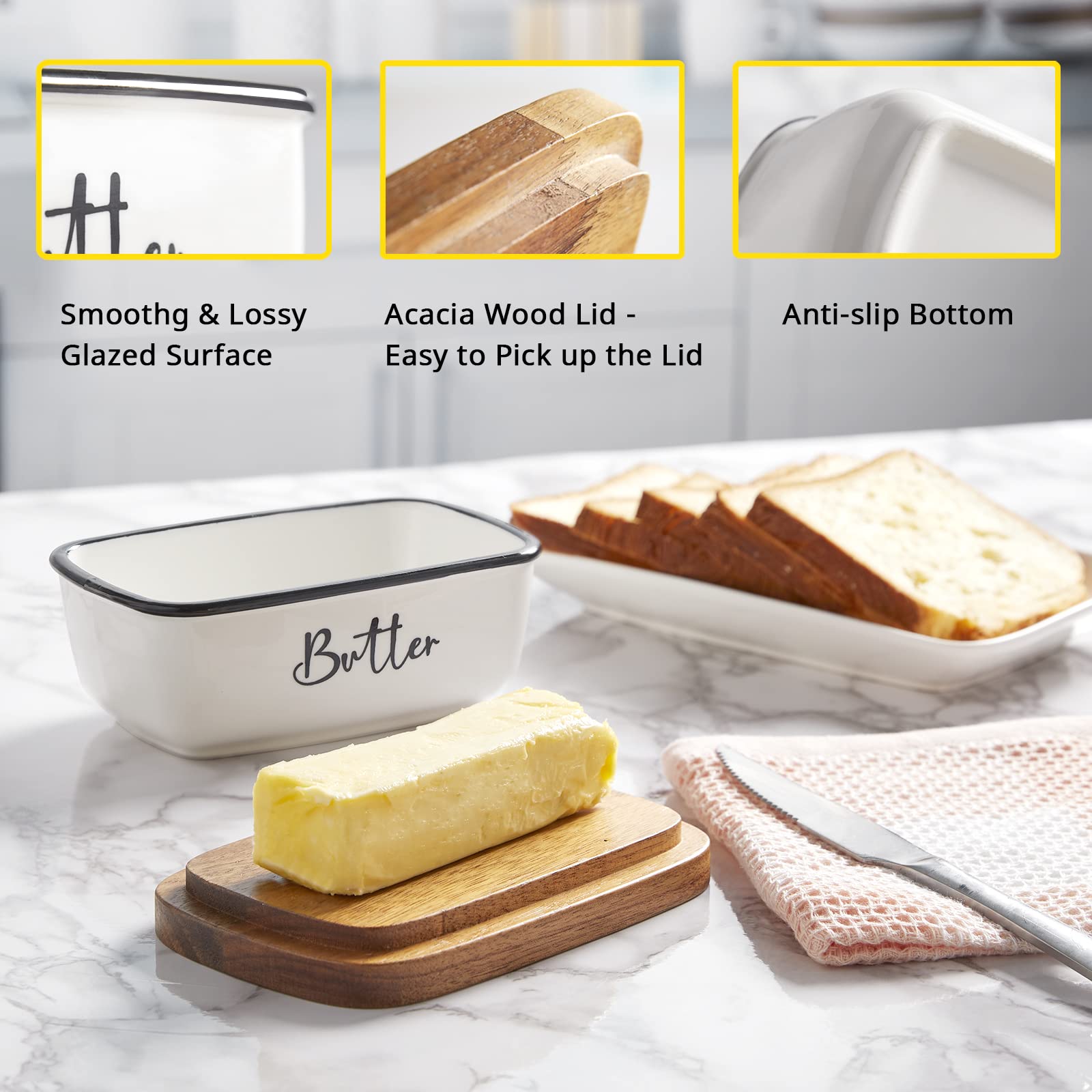 Butter Dish with Lid, ALELION Large Ceramic Butter Dish for Countertop, Butter Keeper with Thick Acacia Wood Lid, Kitchen Decor and Accessories for Kitchen Gifts, White