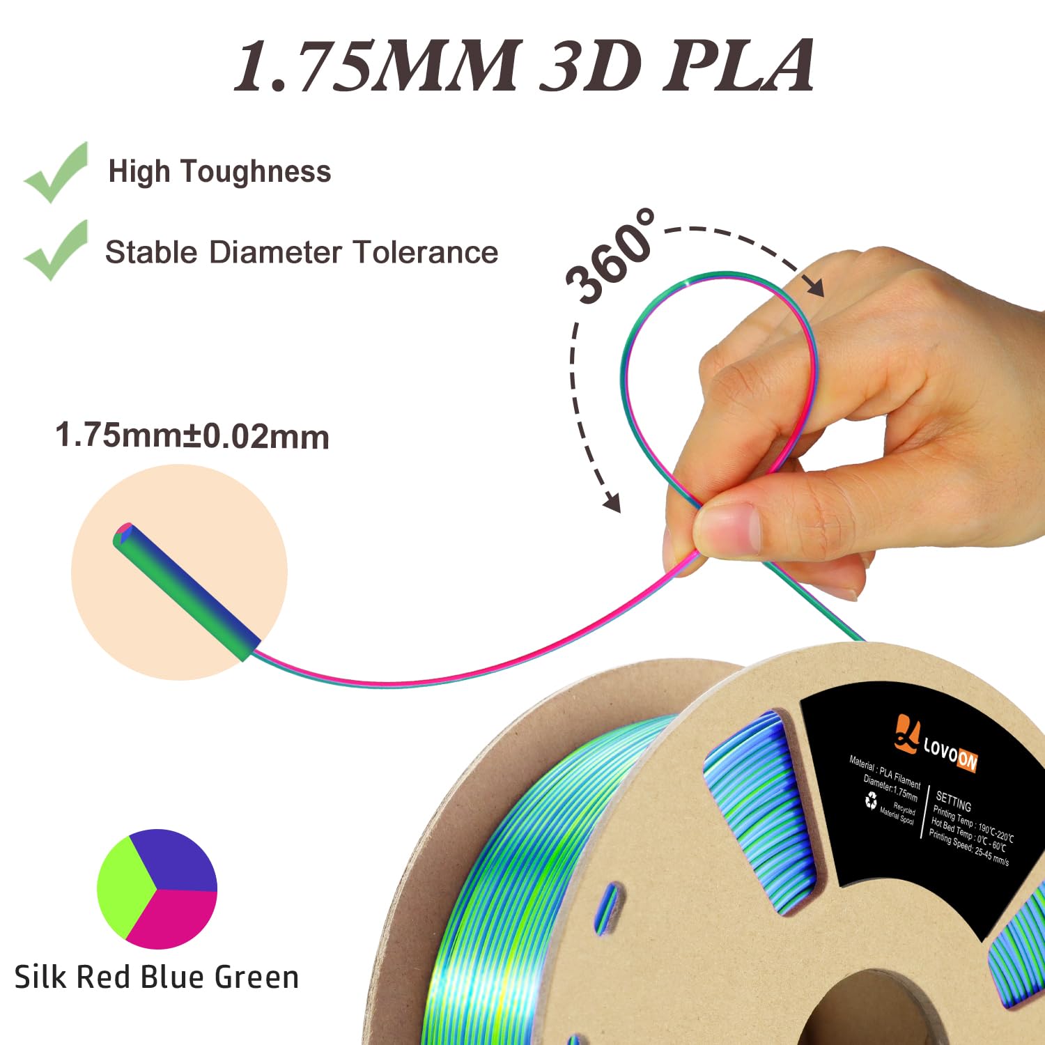 LOVOON 3D Printer Filament, Tricolor PLA Filament 1.75mm Silk Rainbow Filament Green-Red-Blue, 3D Printing Accessories PLA Filament Multicolor, Dimensional Accuracy +/-0.02mm, 2.2lbs/Spool