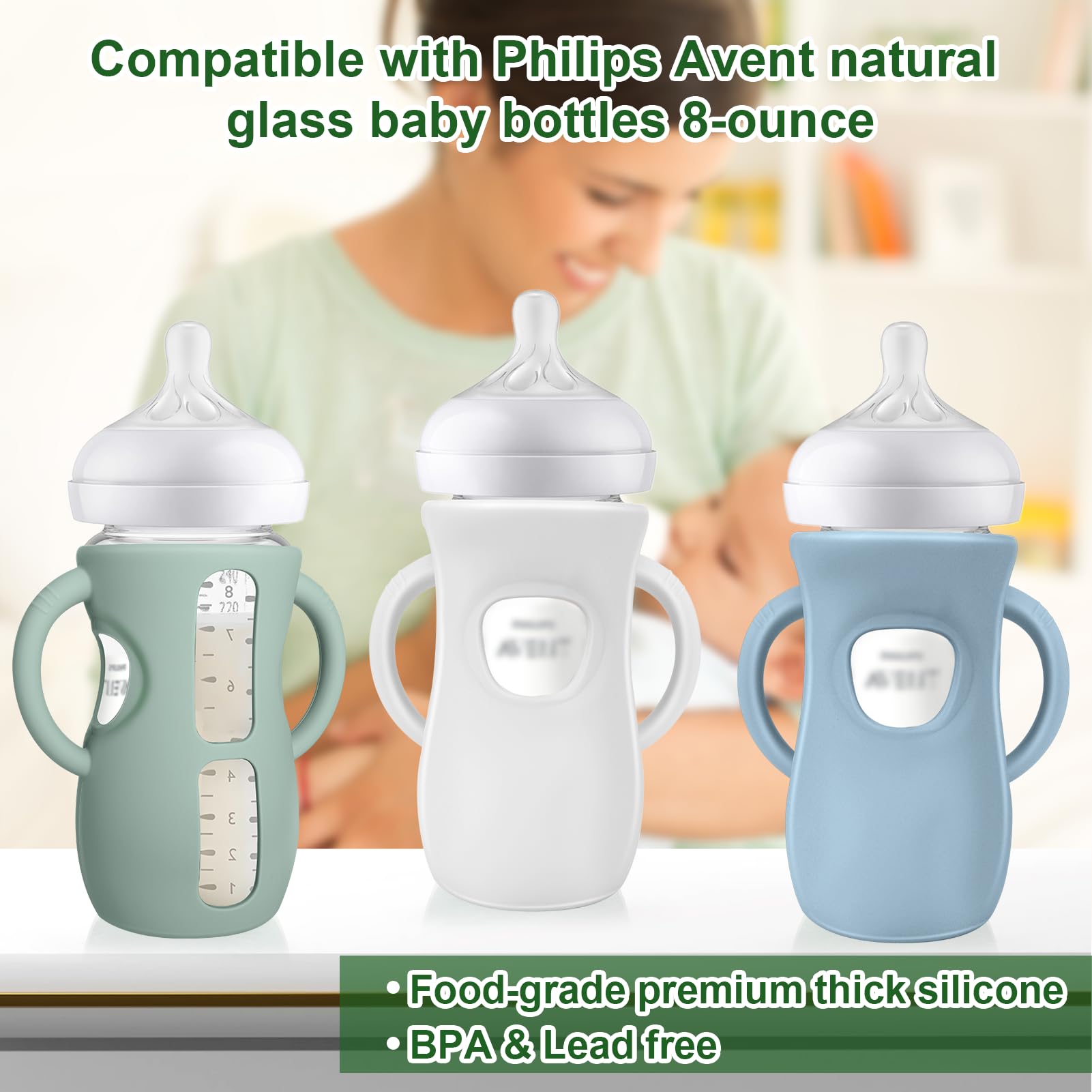Juome Silicone Sleeves with Handles for Avent Natural Glass Baby Bottle - 3 Pack Anti Breakage Baby Bottles Holder, Compatible with Philips Avent Anti Colic Baby Bottles 8 oz
