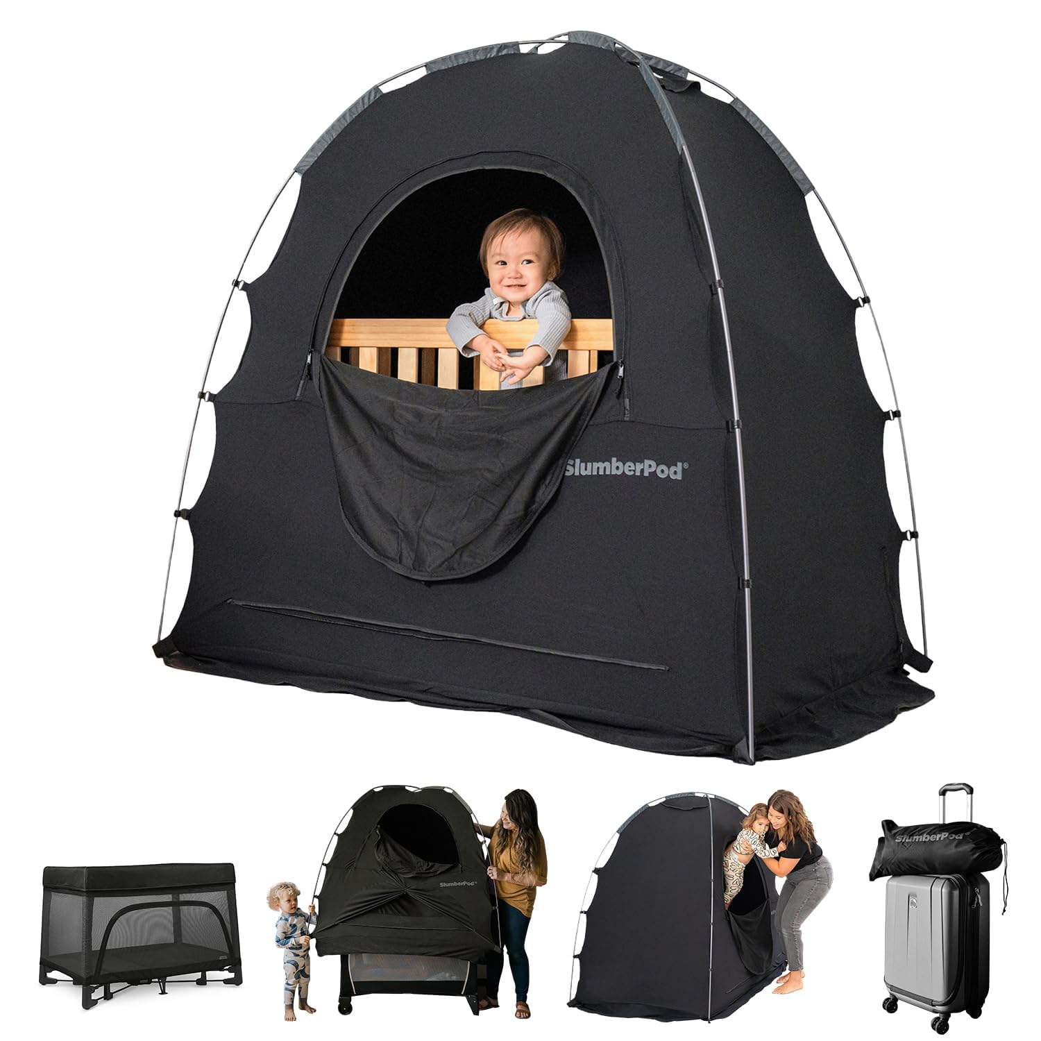 SlumberPod خيمة التعتيم الأصلية للنوم، أداة سفر أساسية للرضّع والأطفال الصغار، غطاء لسرير الأطفال الصغير ومهد اللعب المحمول، كبسولة نوم للأطفال مع جيب للشاشة وجيب للمروحة، تحجب 95%‎+ من الضوء، أسود