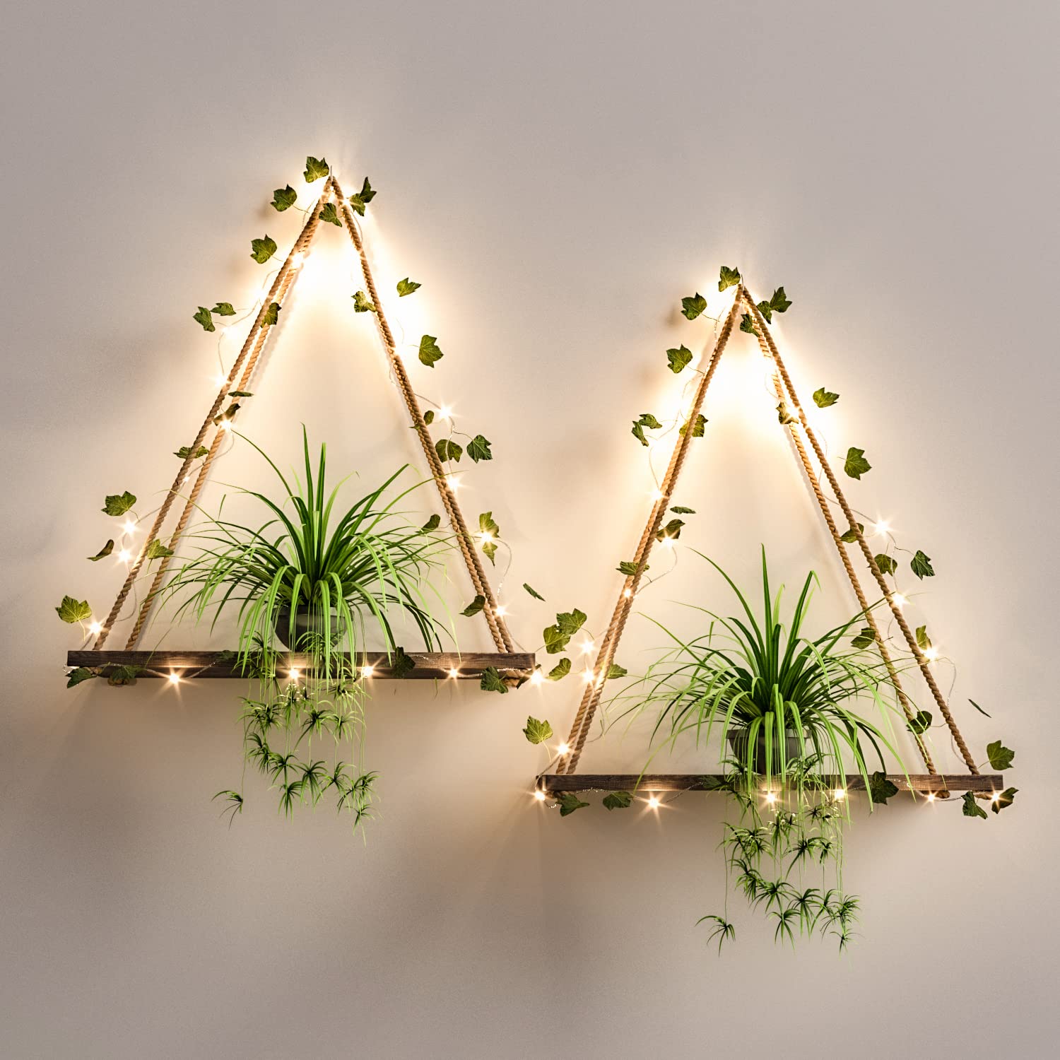 RICHER HOUSE Artificial Ivy LED-Strip Wall Hanging Shelves Set of 2, Macrame Shelf for Bedroom Bathroom Living Room Kitchen, Wood Hanging Plant Shelves for Wall Decor