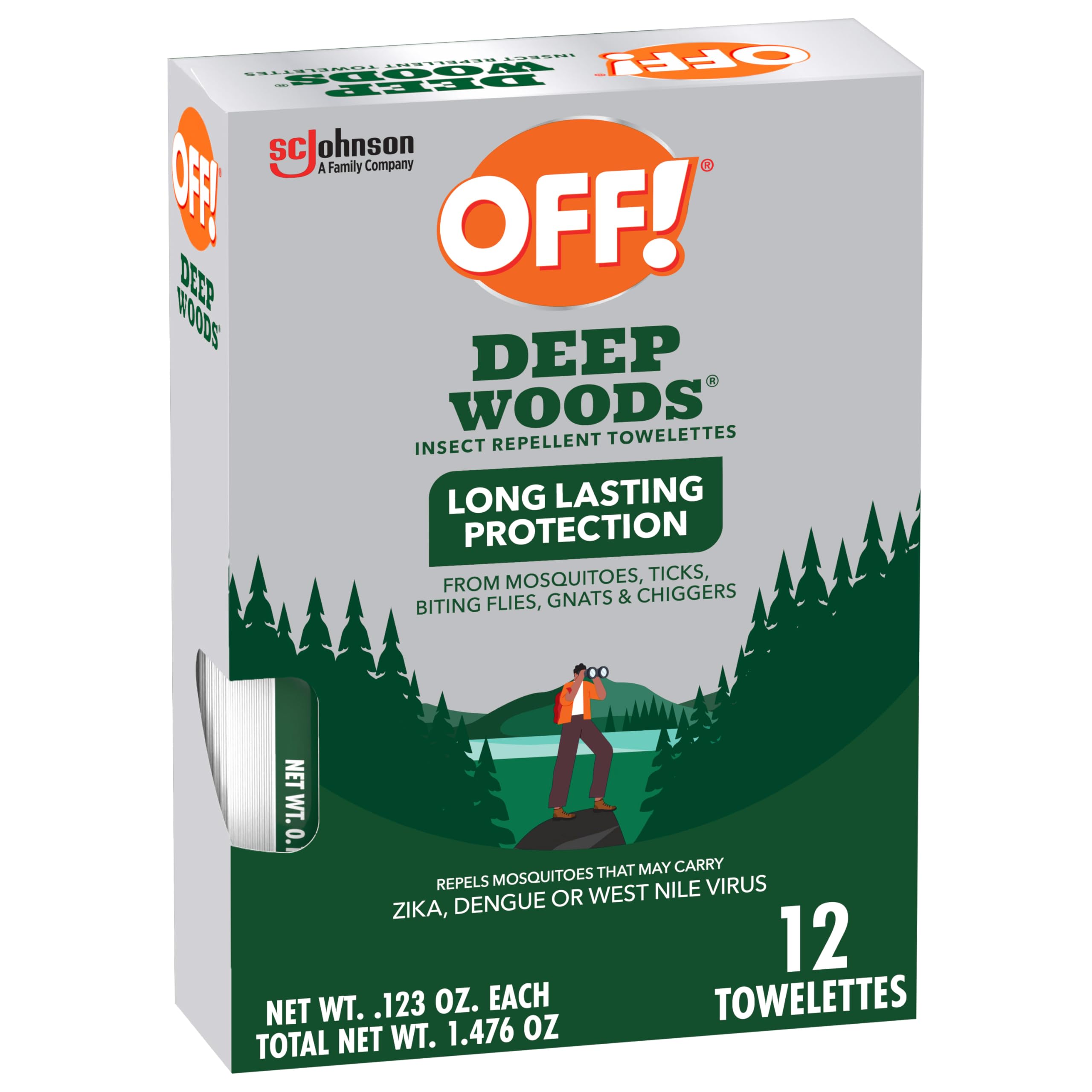 OFF! Deep Woods Mosquito and Insect Repellent Wipes, Long lasting, 12 Individually Wrapped Wipes