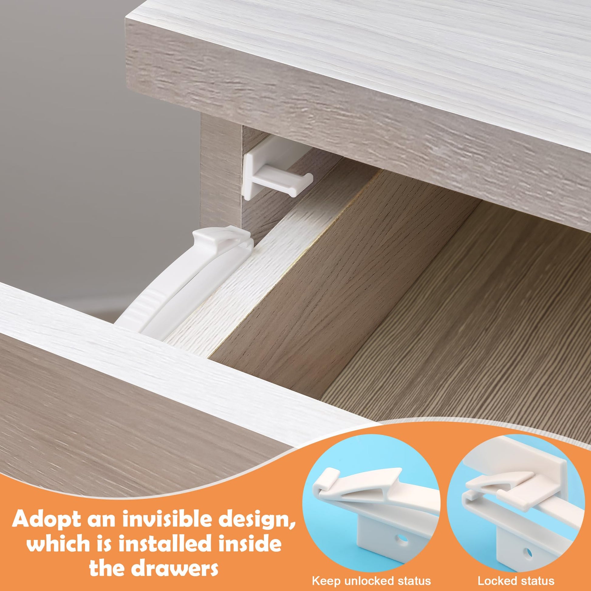 Coolrunner Child Safety Drawer Locks, 8 Pack Safety Invisible Drawer Latches with Strong Adhesive for Baby Care,Only fit for Some Drawer, Please See Below Before Buying