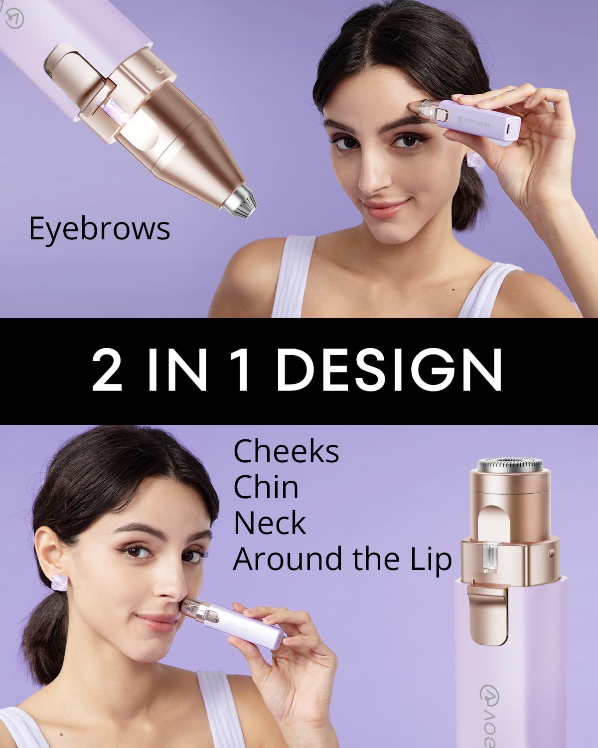 Rechargeable Facial Hair Remover for Women: 2 in 1 Electric Eyebrow and Facial Hair Remover - Suitable for Middle-aged Women’s Eyebrow, Chin, and Cheek Trimming - with Built-in LED Light(Purple)