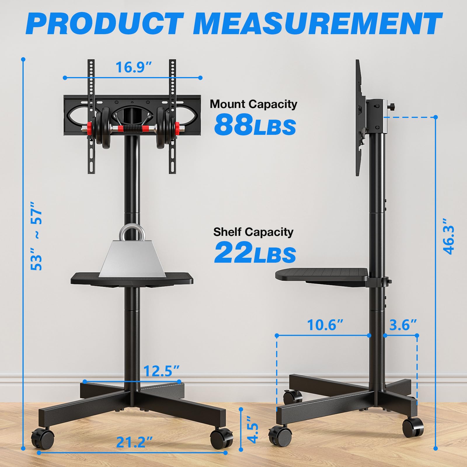 Rfiver Mobile TV Stand for 23-60 Inch LCD LED Flat/Curved Panel Screen TVs up to 88 lbs, Rolling TV Stand with Adjustable Shelf & Tilt, Portable Floor Stand on Wheels for Bedroom, Living Room, Office
