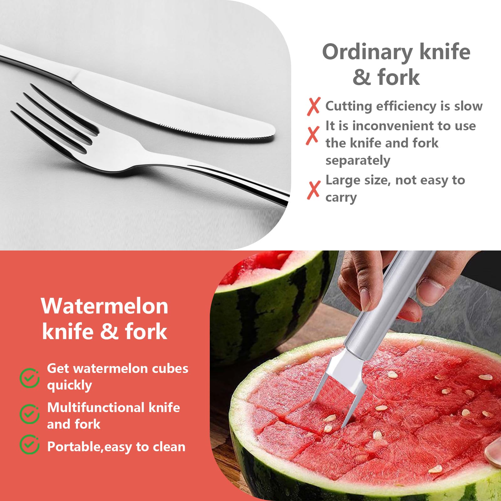 2Pcs Watermelon Fork Slicer Cutter, 2-in-1 Stainless Steel Fruit Cutter, Watermelon Cutter，New Upgrade Dual Head Watermelon Fork Slicer Tool, Summer Fruit Cutting Home Kitchen Gadgets.
