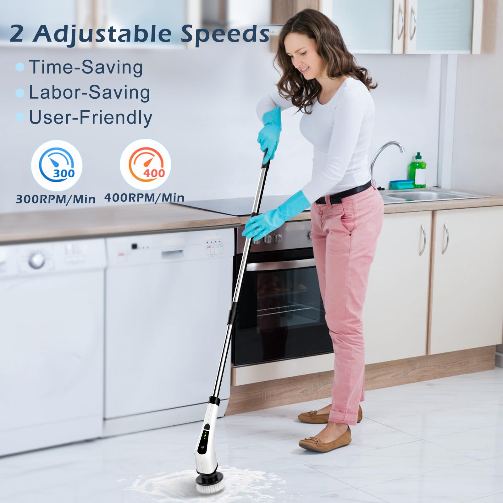 Bomves Electric Spin Scrubber, Cordless Cleaning Brush Scrubber for Home, 8 Replaceable Brush Heads-90Mins Work Time, 3 Adjustable Size, 2 Speeds for Bathroom Shower Bathtub Glass Car
